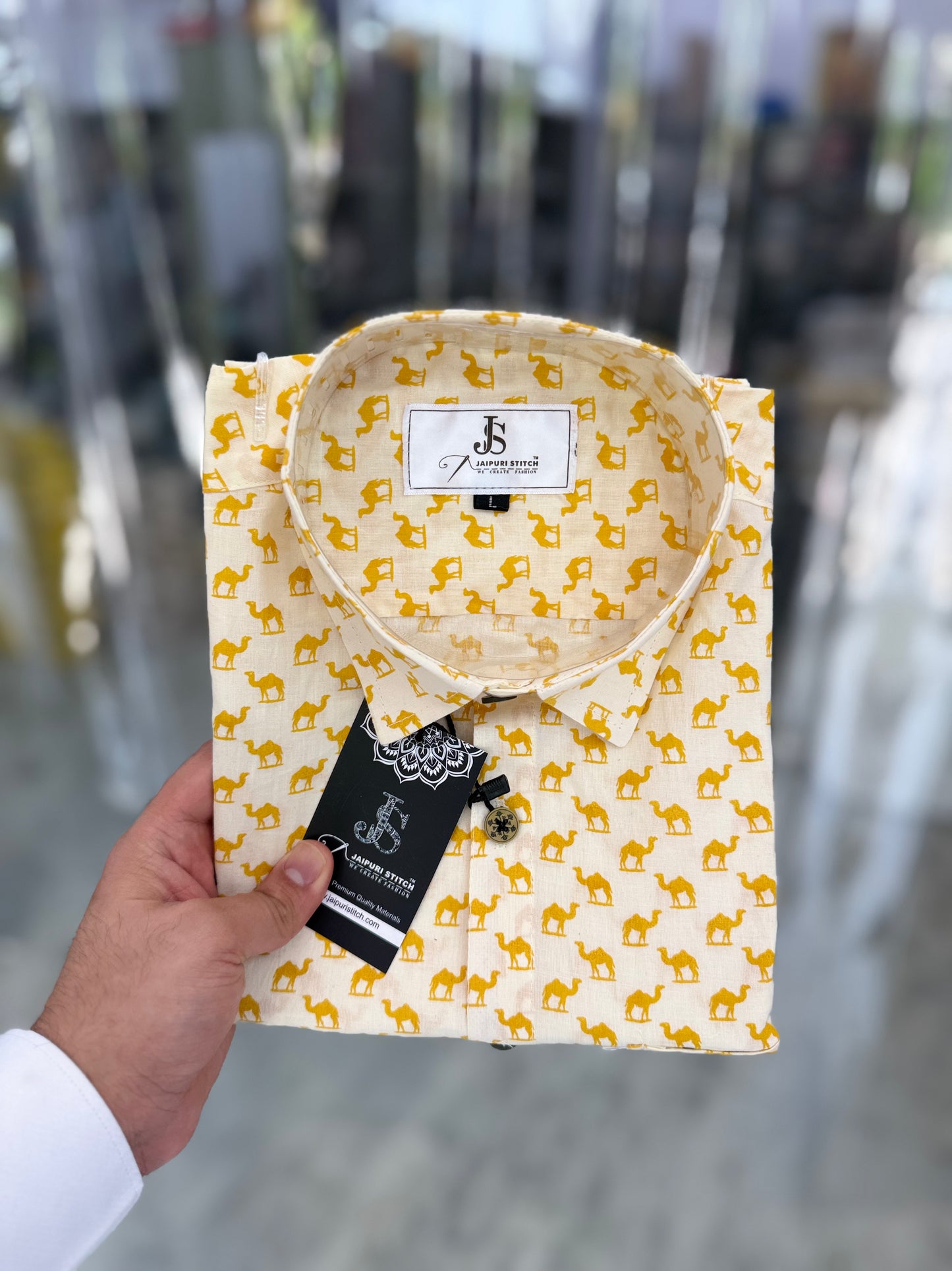 White Yellow Small Camel Printed Men's Half Sleeves Cotton Shirt