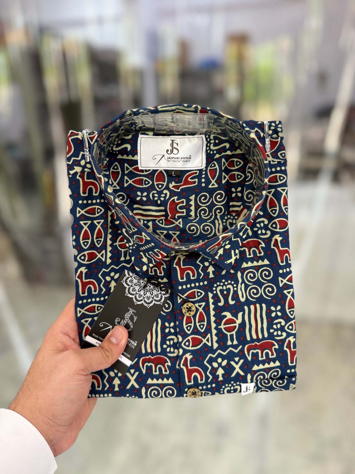 Blue Ethnic Motif Printed Men's Half Sleeves Cotton Shirt