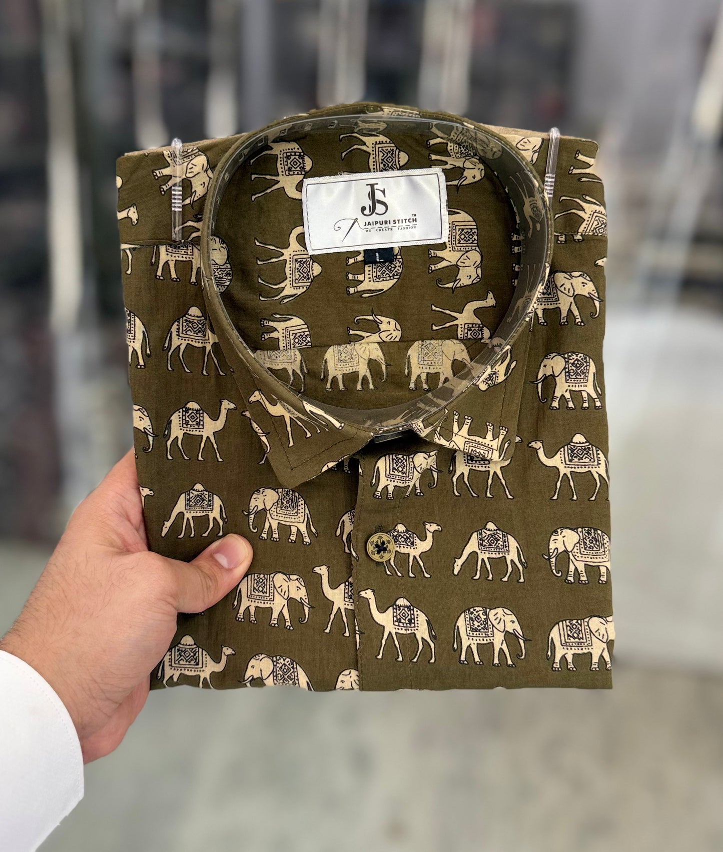 Olive Elephant Camel Printed Men's Half Sleeves Cotton Shirt