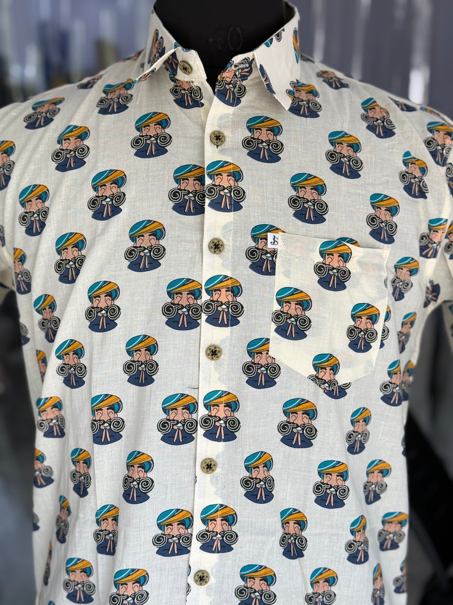 Ivory Funky Pagdi Printed Men's Half Sleeves Cotton Shirt