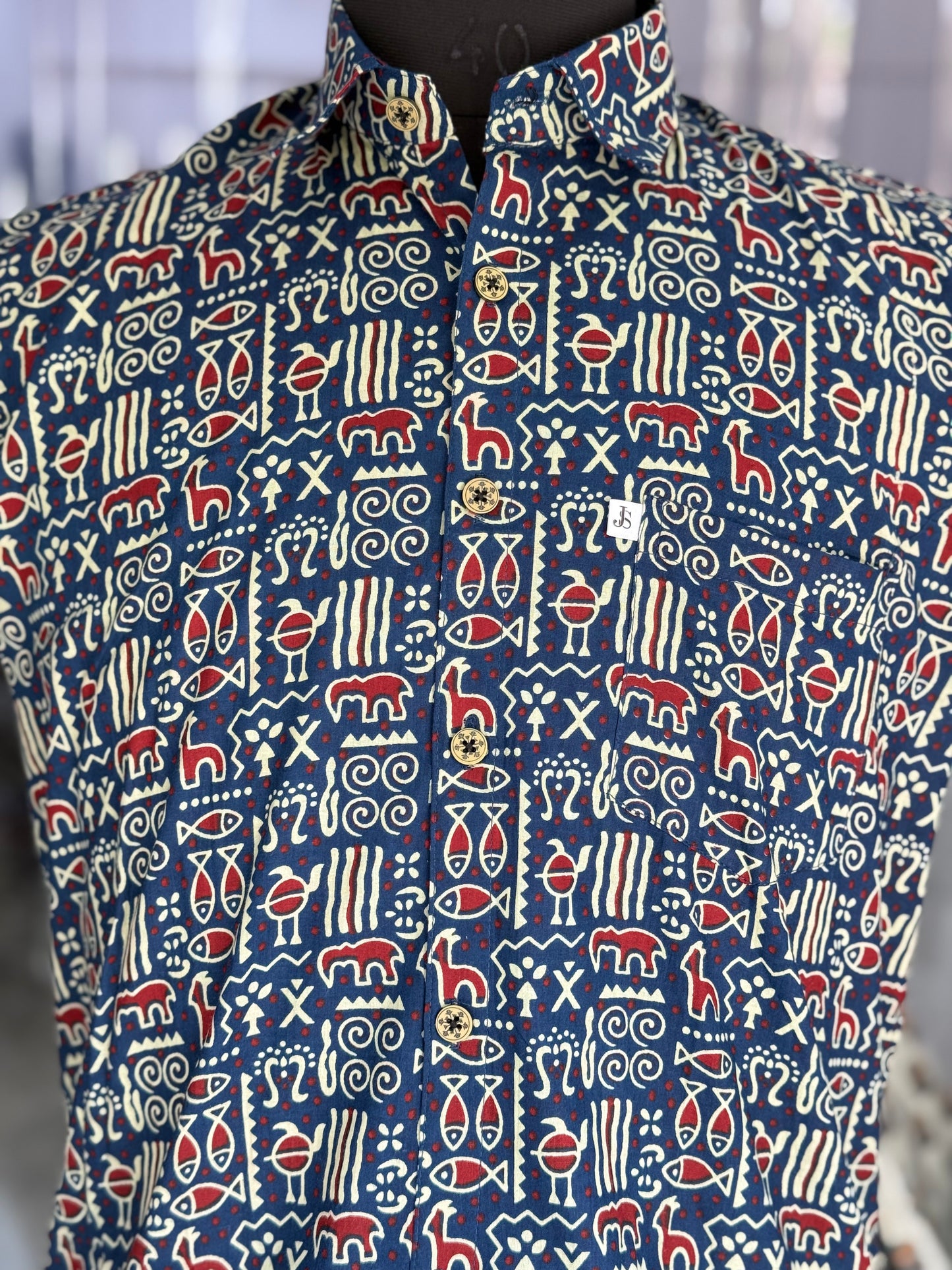 Blue Ethnic Motif Printed Men's Half Sleeves Cotton Shirt