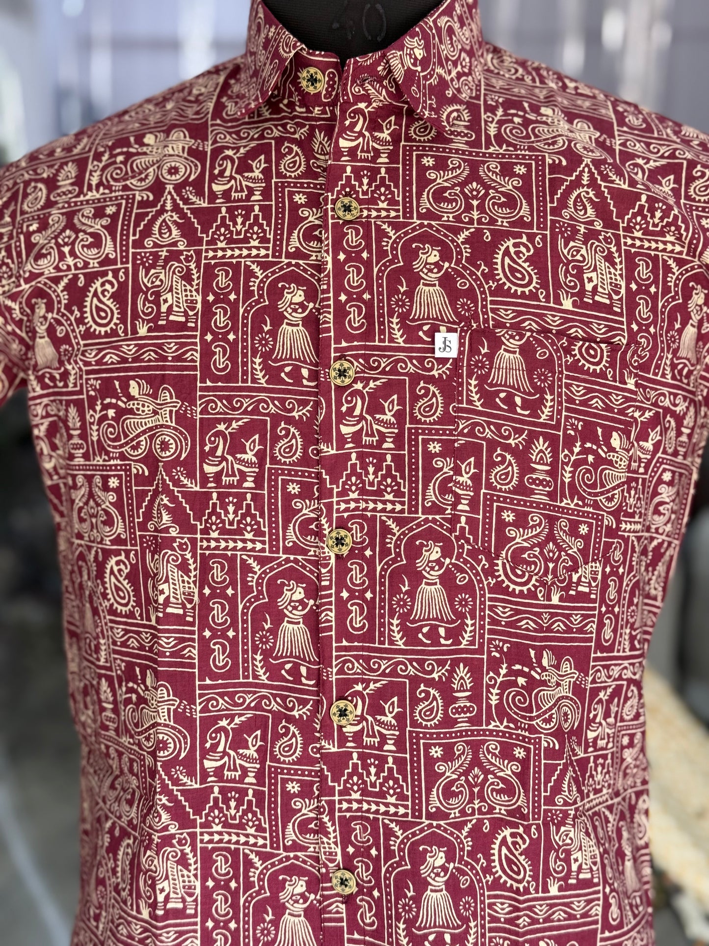 Maroon Warli Art Printed Men's Half Sleeves Cotton Shirt