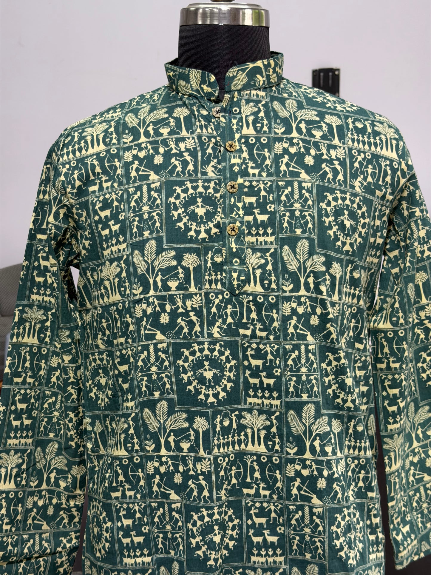 Teal Green Warli Patchwork Printed Men's Long Cotton Kurta