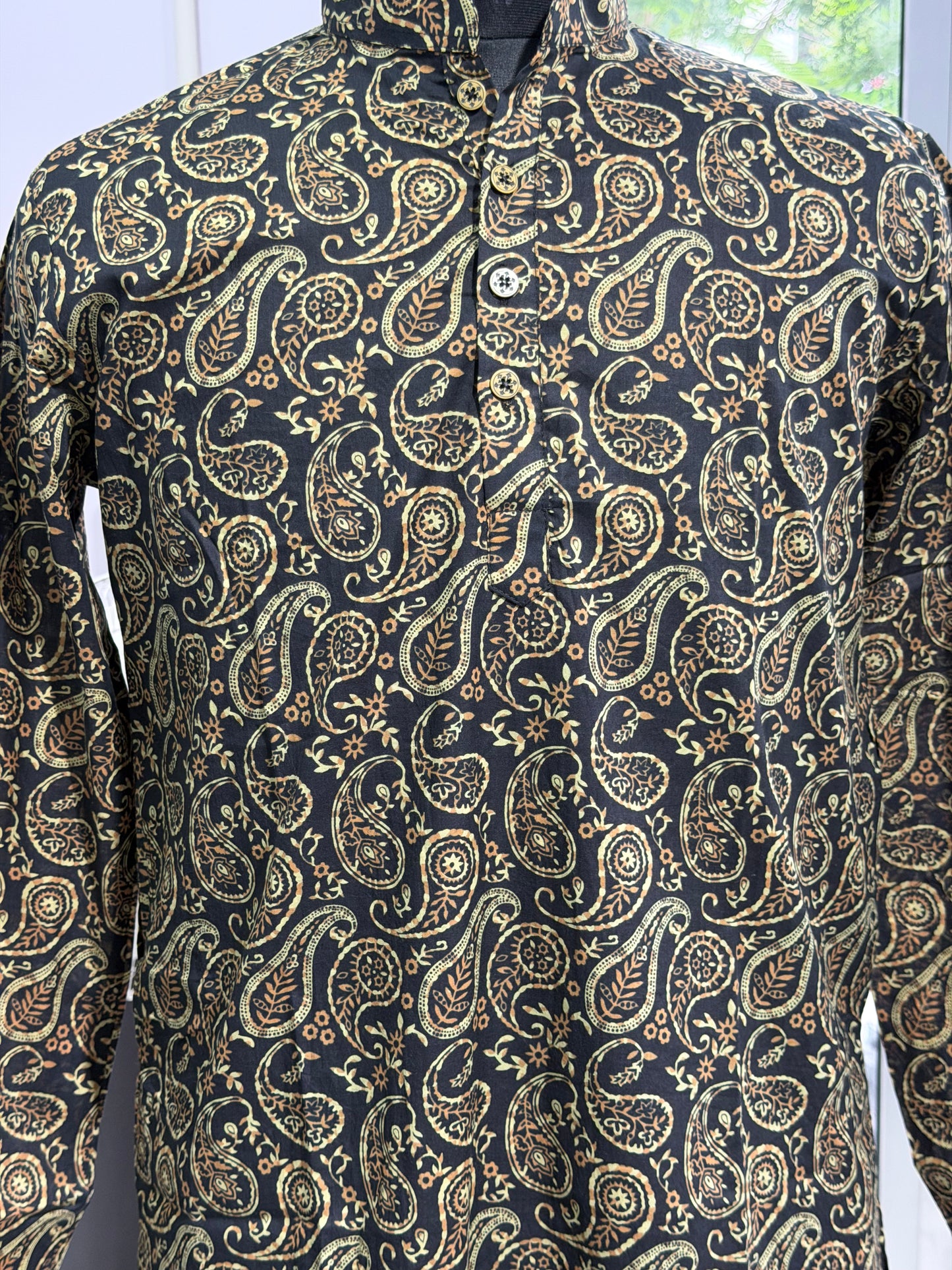 Black Beige Paisley Printed Men's Long Cotton Kurta