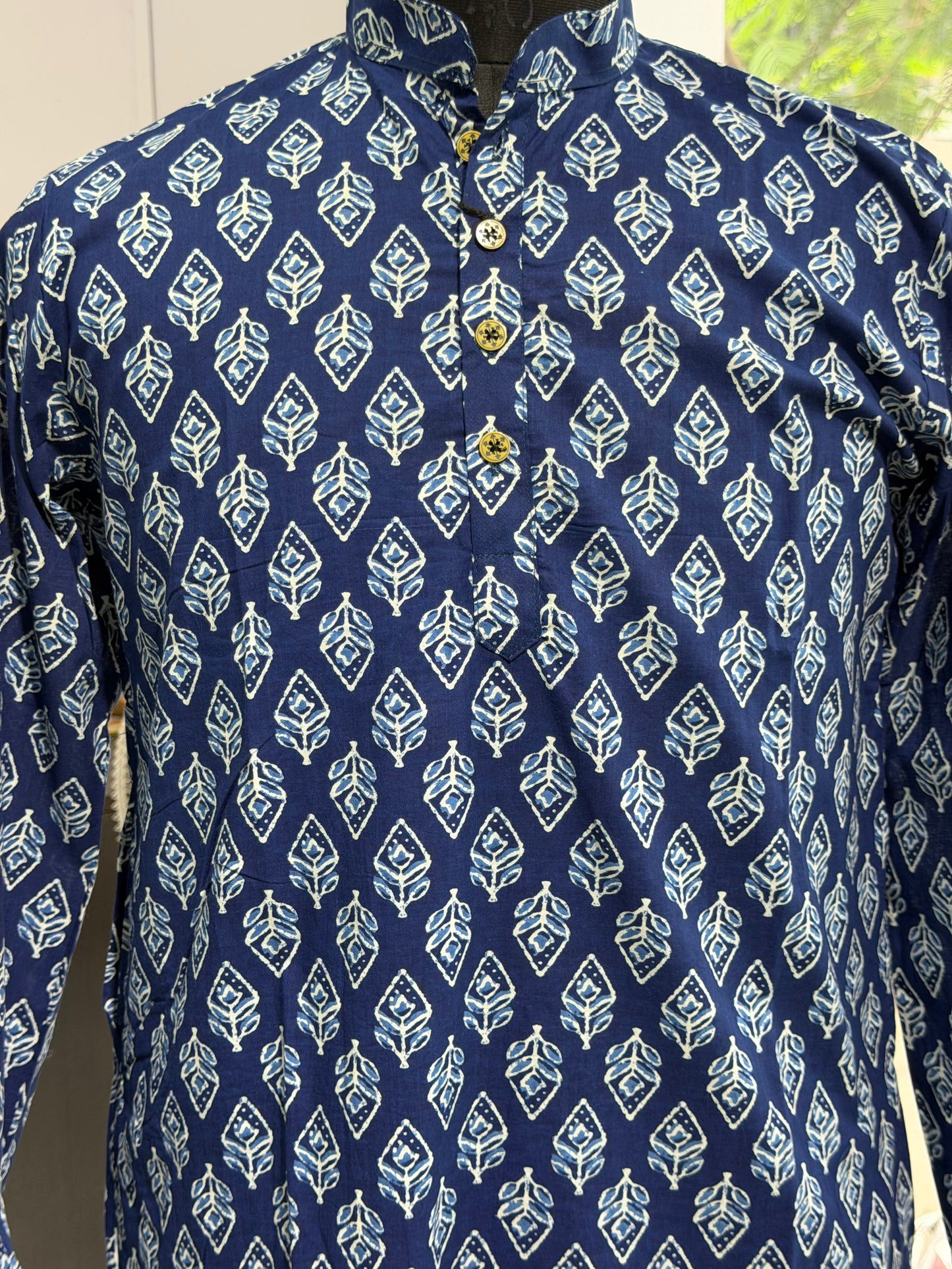 Indigo Blue Leaf Printed Men's Long Cotton Kurta