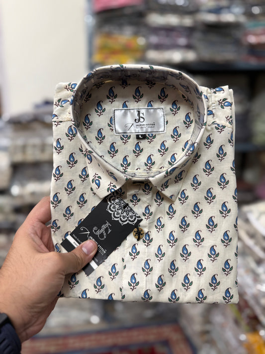 White Blue Booti Printed Half Sleeves Cotton Shirt