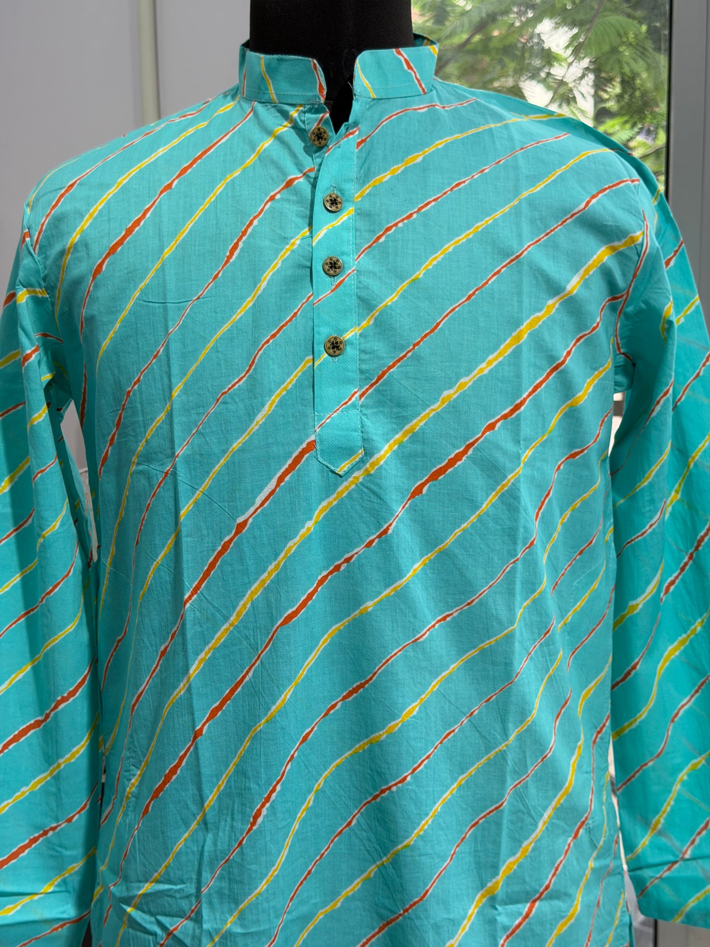 Sky Blue Leheriya Printed Men's Long Cotton Kurta