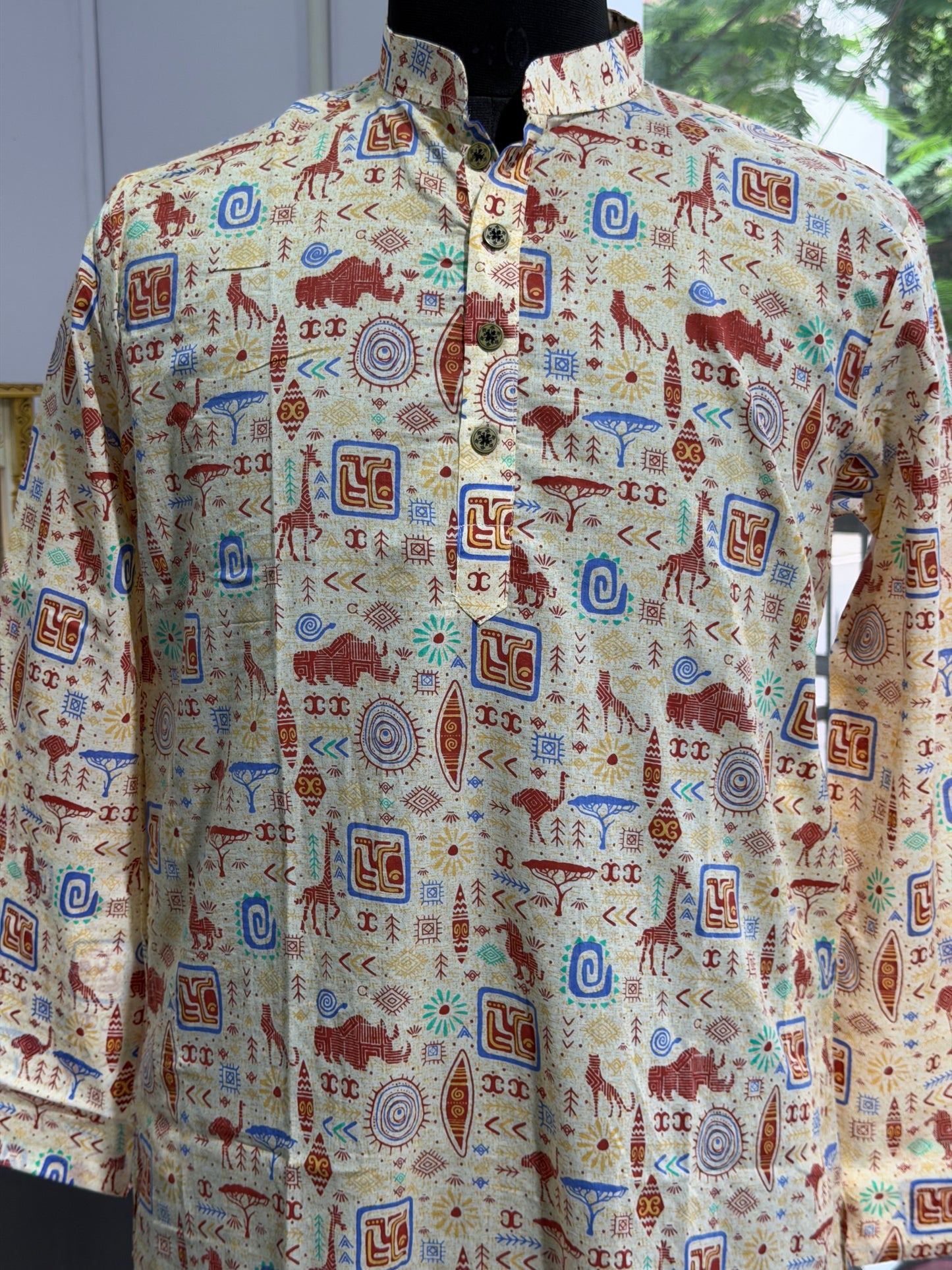 Cream Multicolour Tribal Printed Men's Long Cotton Kurta