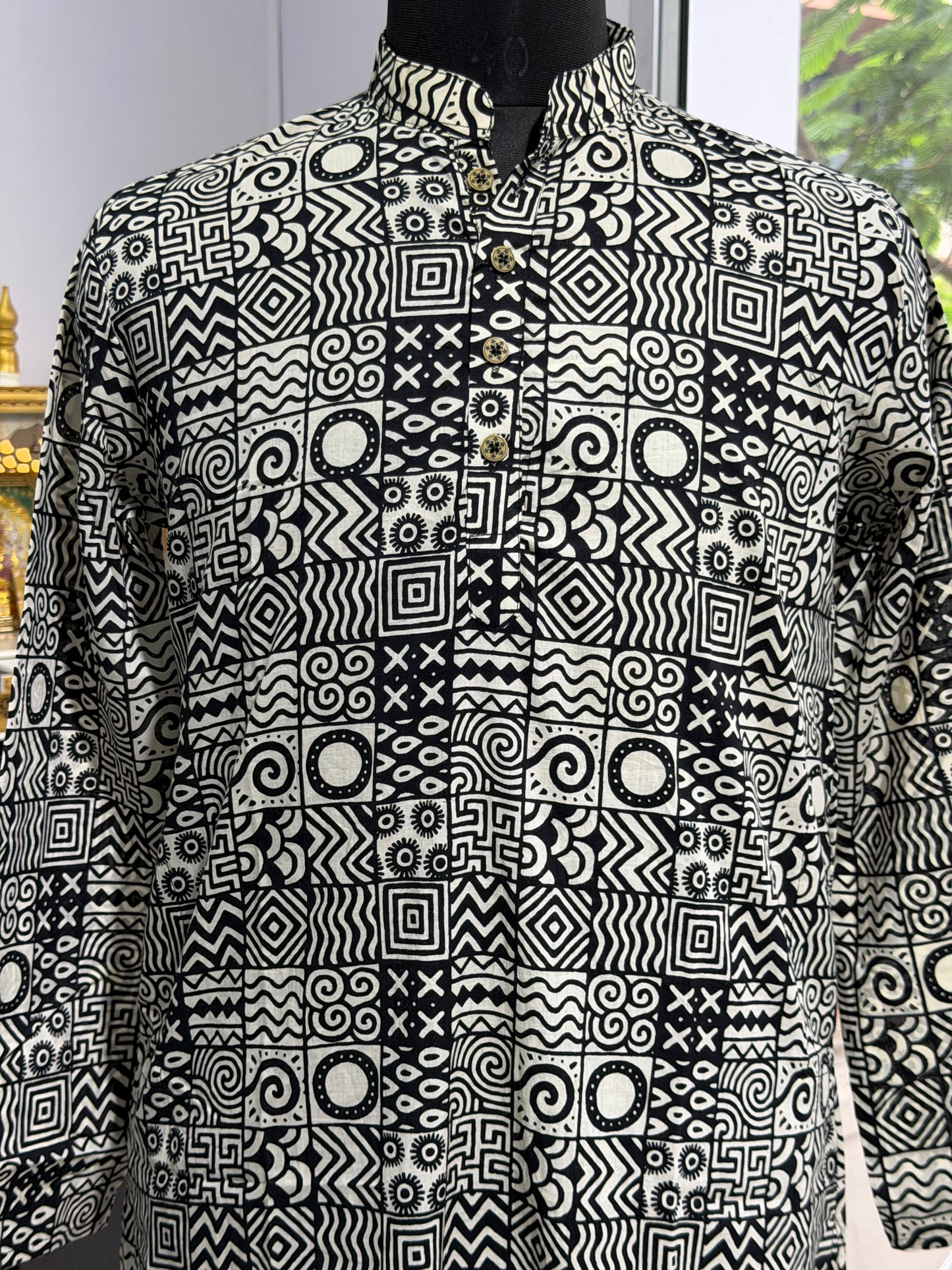 Black White Geometric Printed Men's Long Cotton Kurta