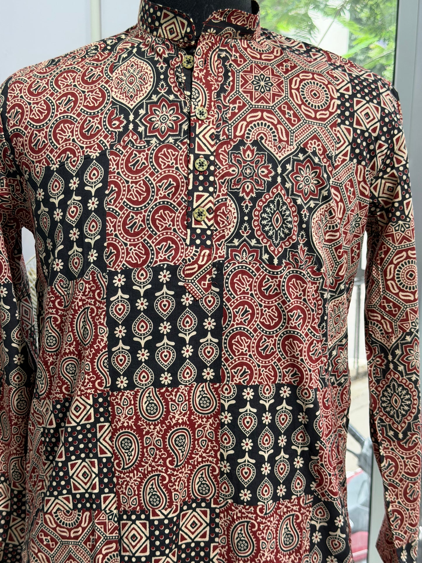 Maroon Black Patchwork Paisley Printed Men's Long Cotton Kurta