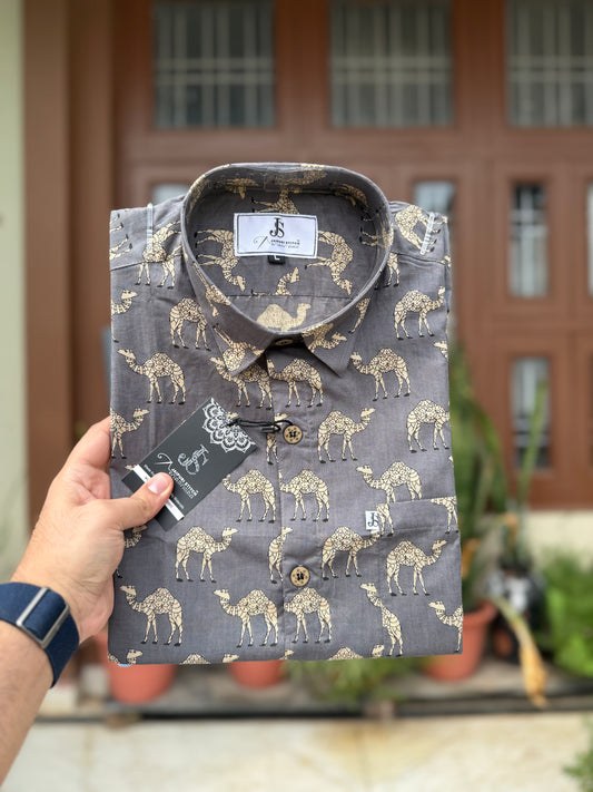 Sanganeri Grey Camel Block Print Half Sleeves Shirt for Men
