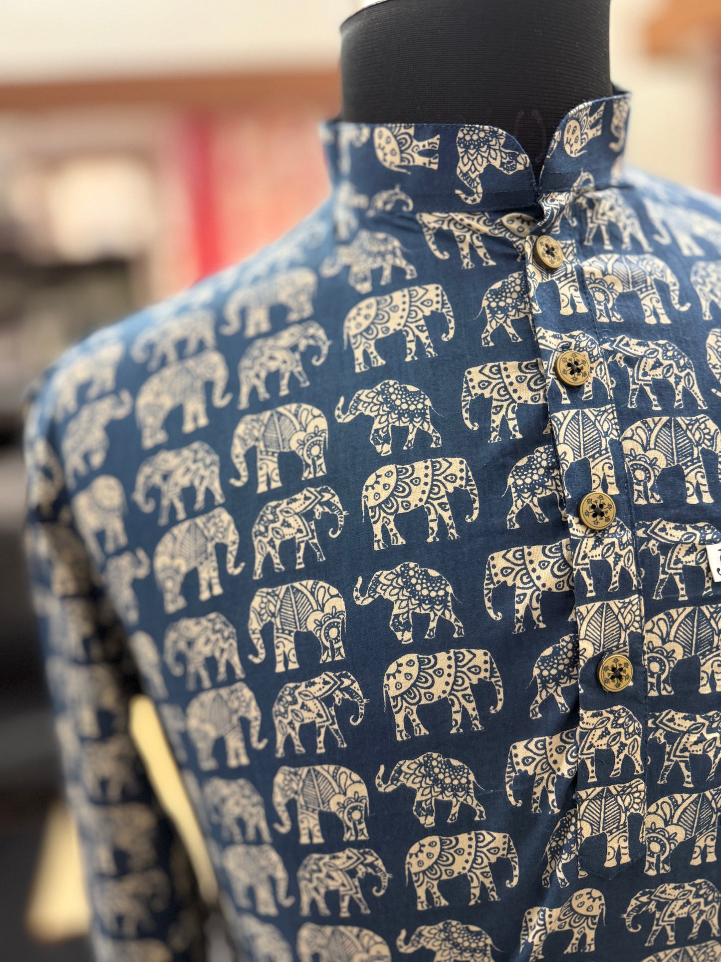 Navy Blue Elephant Printed Full Sleeves Short Kurta for Men