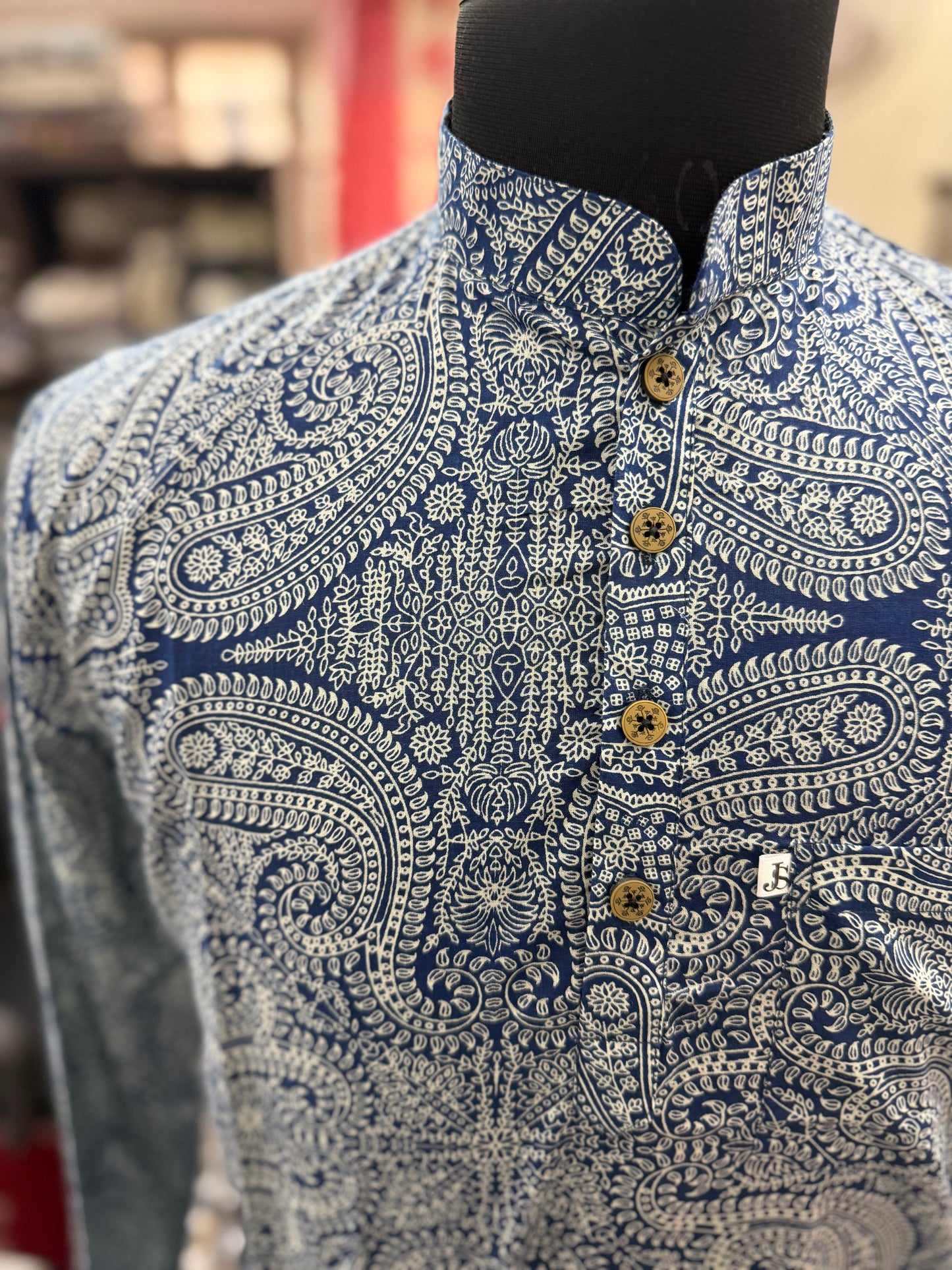 Steel Blue Paisley Printed Full Sleeves Short Kurta for Men