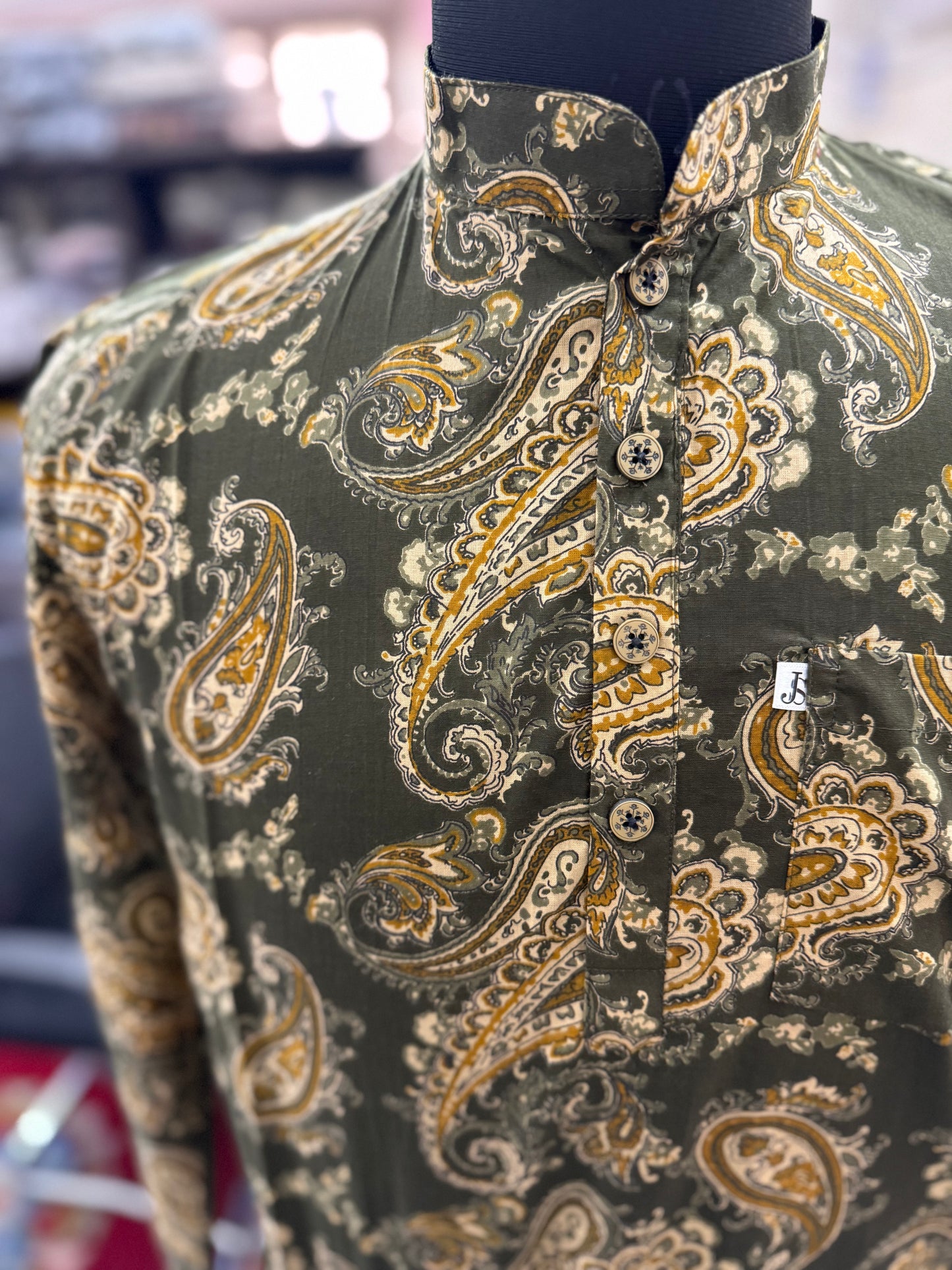 Olive Green Paisley Printed Full Sleeves Short Kurta for Men