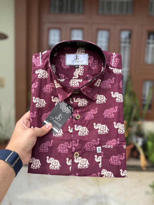 Jaipuri Maroon Elephant Printed Mens Half Sleeves Cotton Shirt