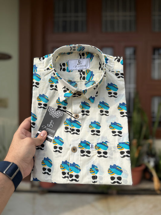 Blue Turban/Pagdi Print Half Sleeves cottonShirt for Men