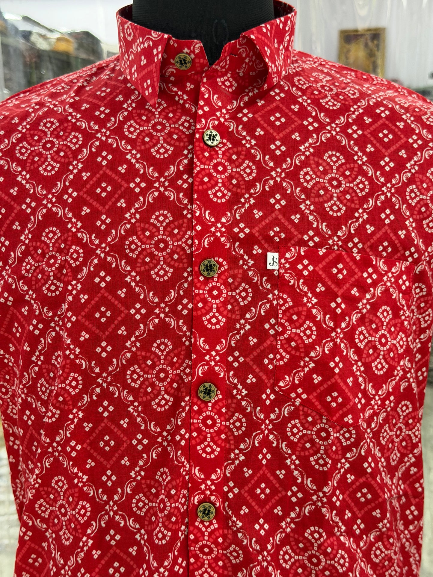 Red Floral Bandhej Printed Half Sleeves Cotton Shirt for Men