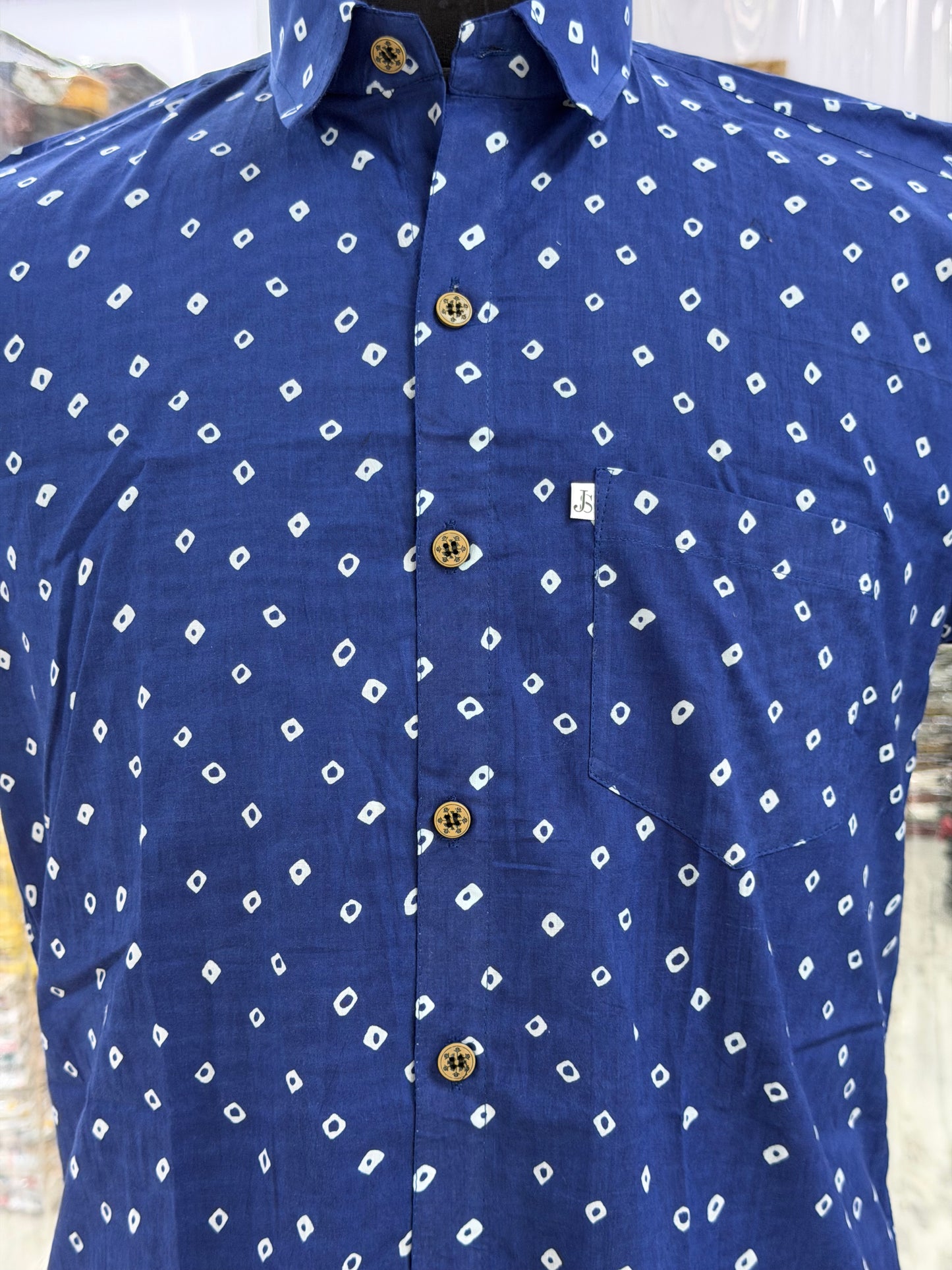 Blue Bandhej Dot Printed Half Sleeves Cotton Shirt for Men