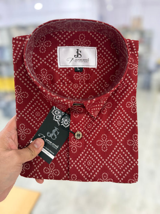 Maroon Barfi Bandhej Printed Half Sleeves Cotton Shirt for Men