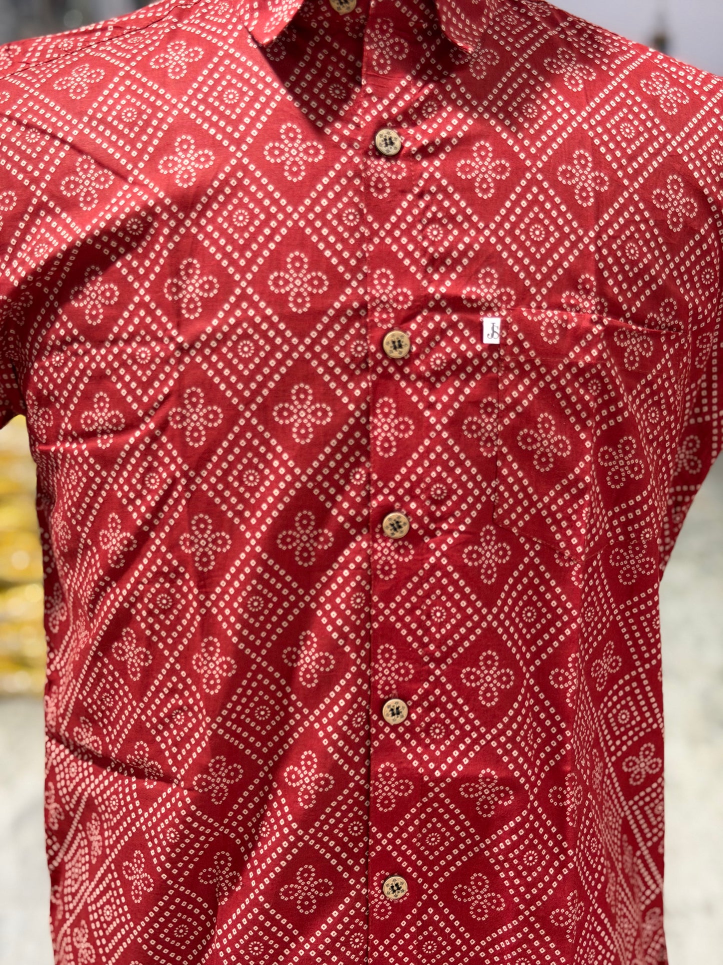Maroon Barfi Bandhej Printed Half Sleeves Cotton Shirt for Men
