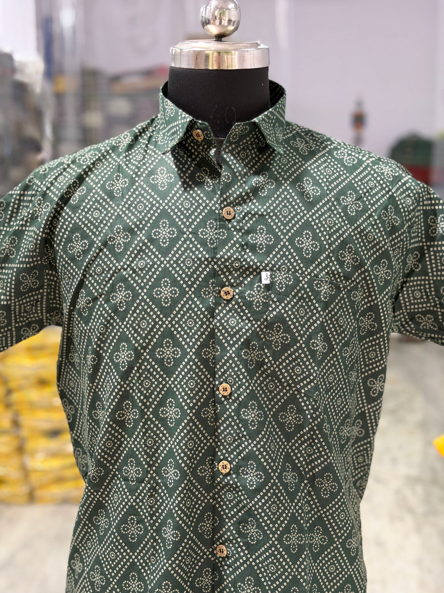 Bottle Green Barfi Bandhej Printed Half Sleeves Cotton Shirt for Men
