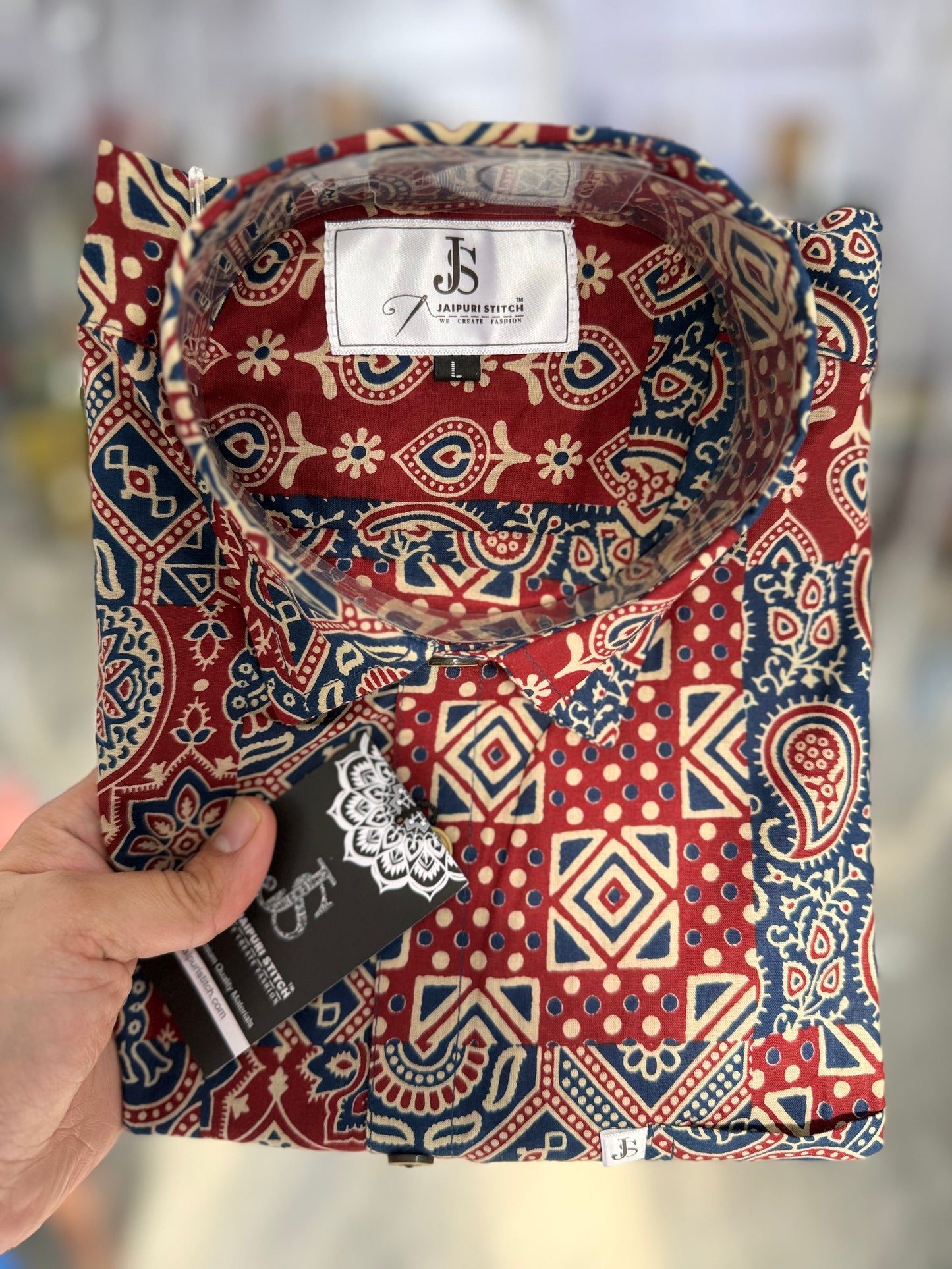 Blue Red Patchwork Printed Men's Half Sleeves Cotton Shirt