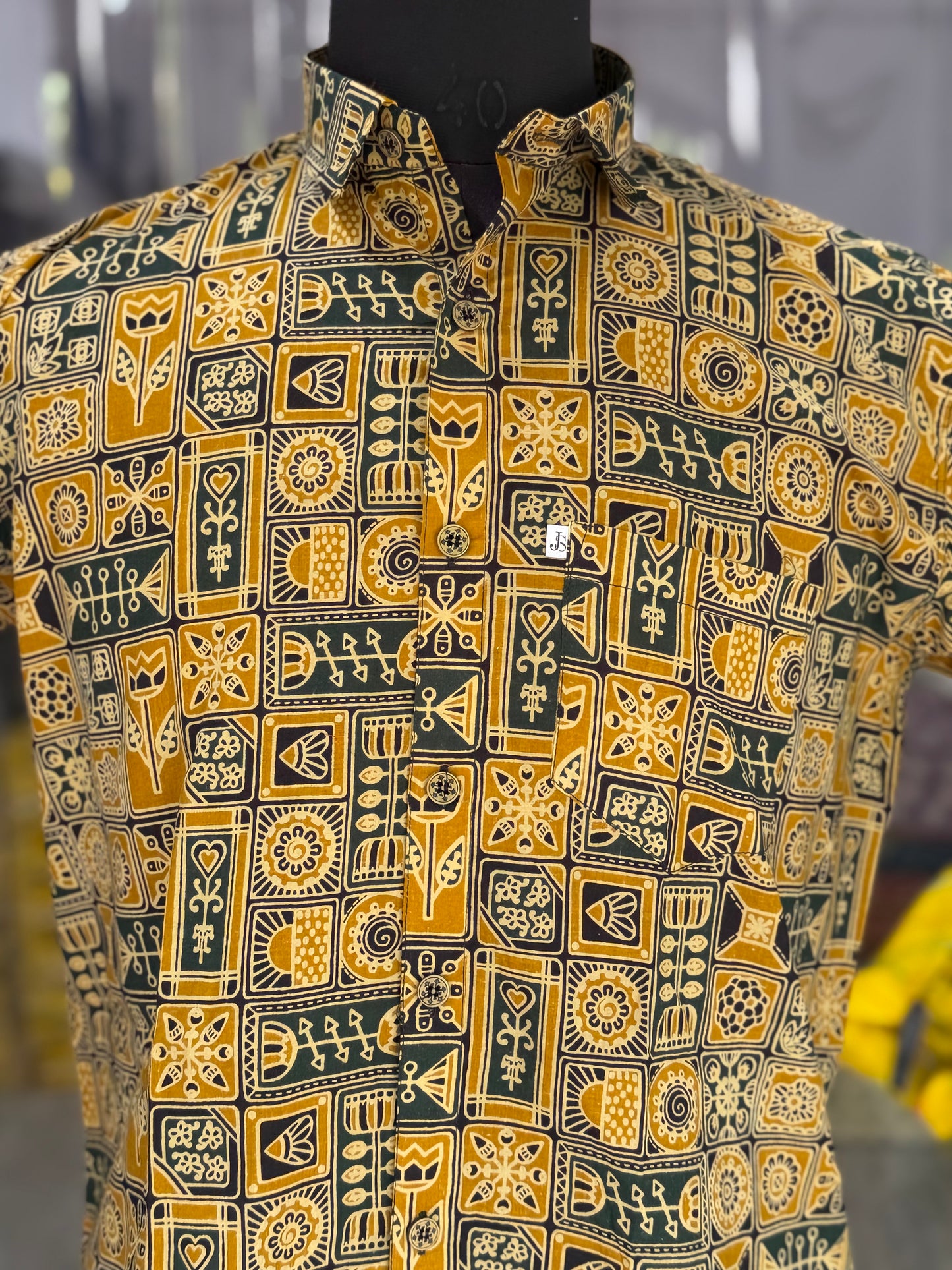 Mustard Green Heritage Motif Printed Half Sleeves Cotton Shirt for Men