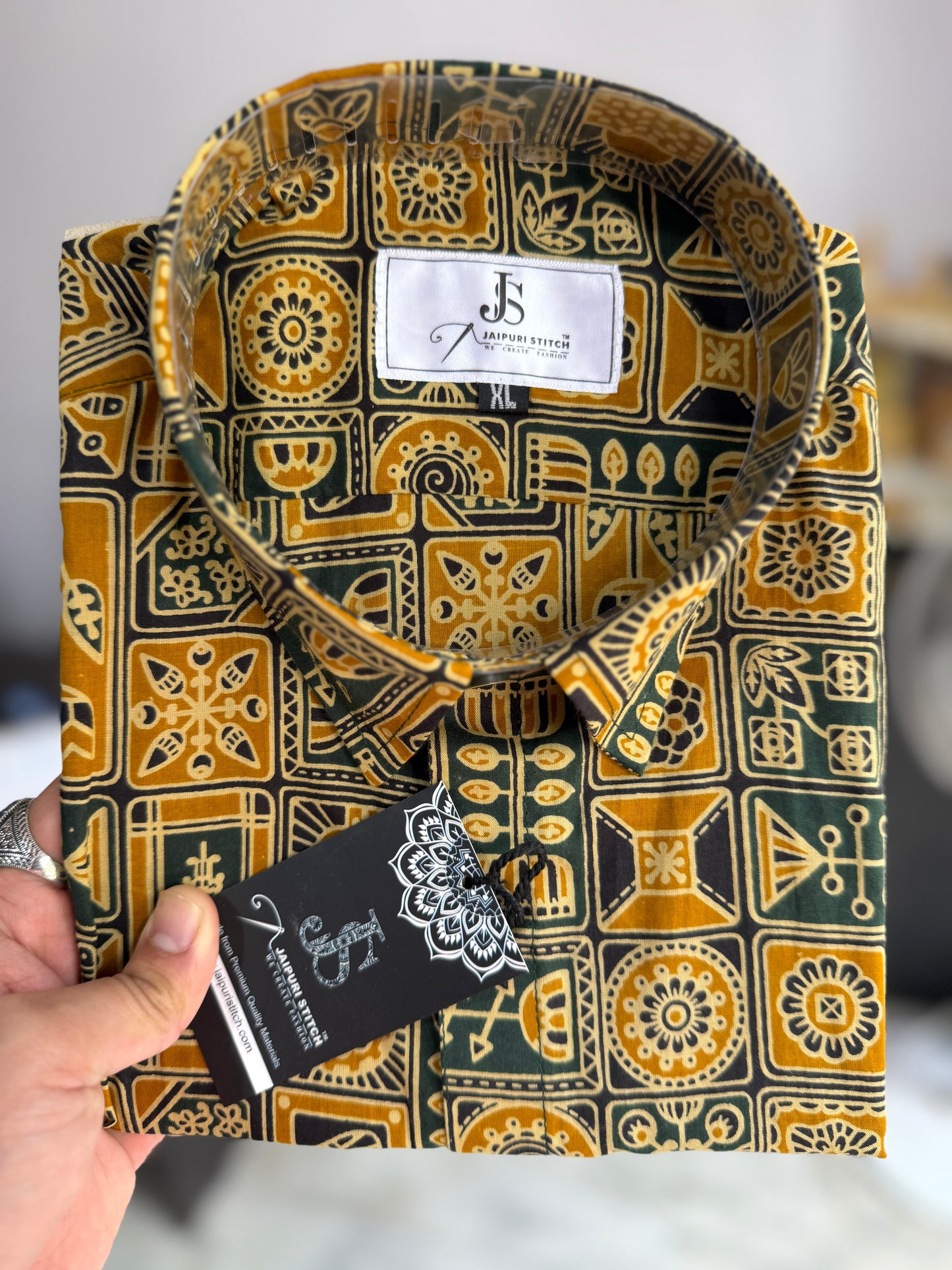 Mustard Green Heritage Motif Printed Half Sleeves Cotton Shirt for Men