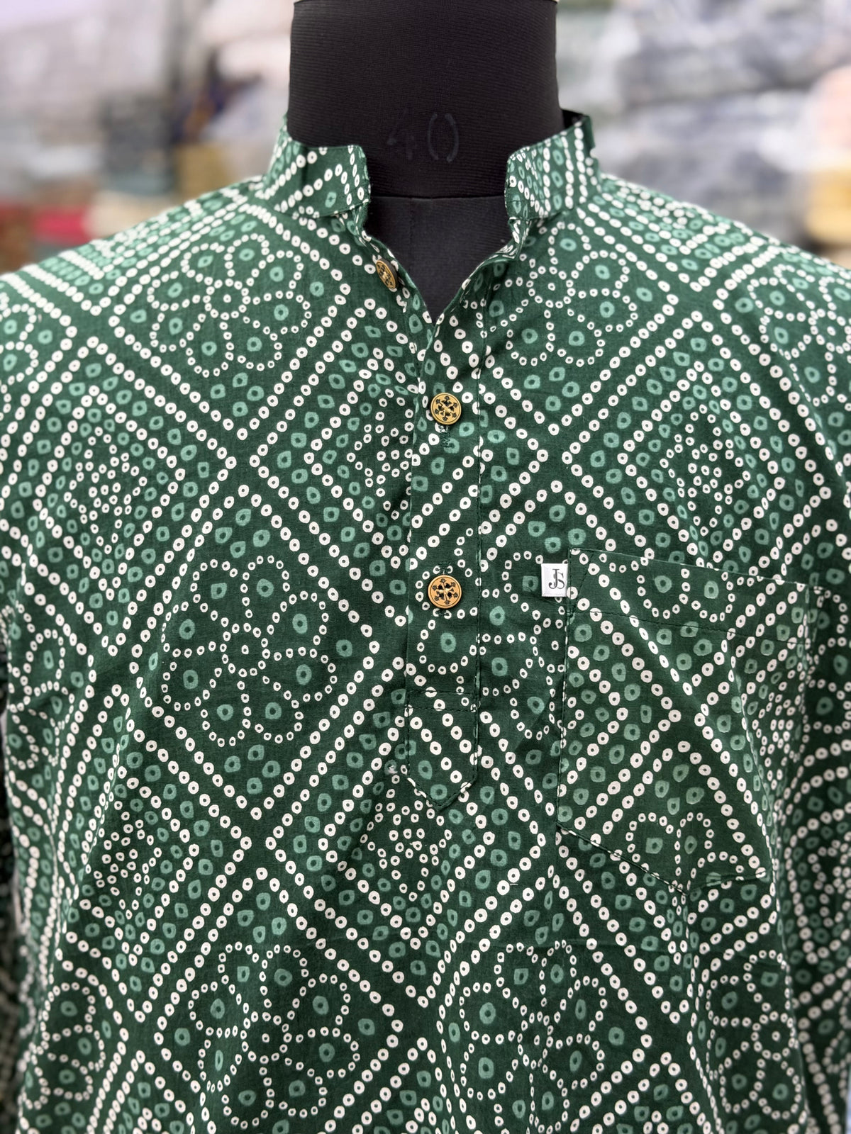 Green Box Bandhej Printed Full Sleeves Short Kurta for Men