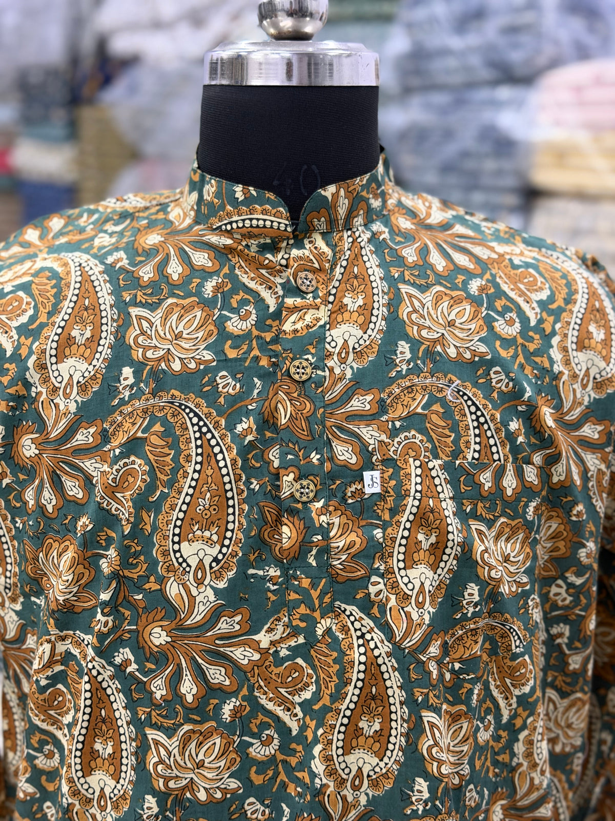 New Green Paisley Printed Full Sleeves Short Kurta for Men