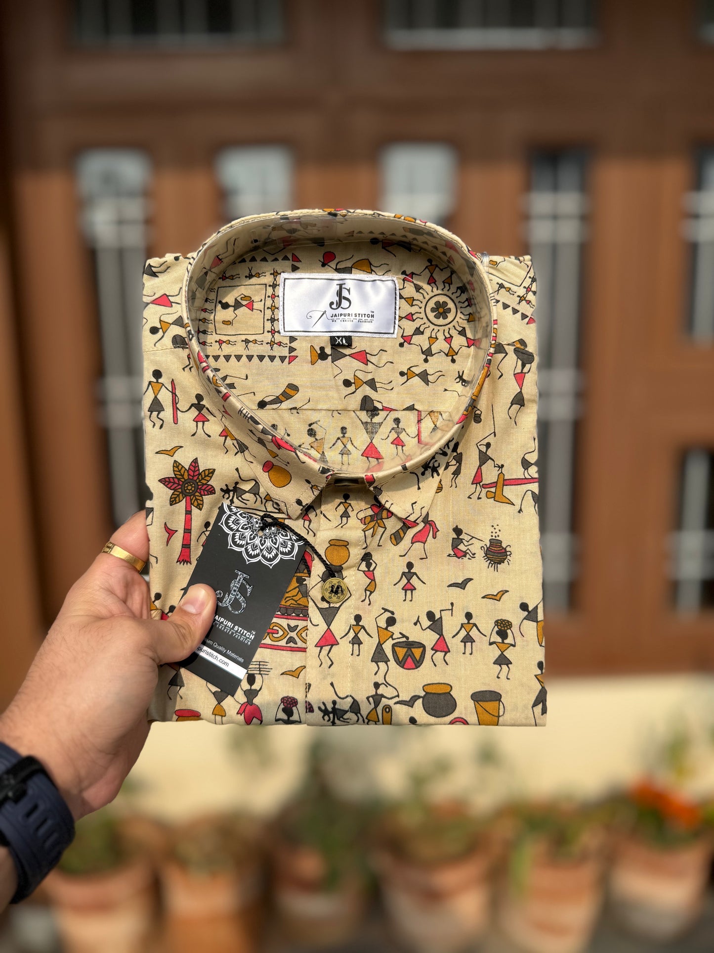 Beige Tribal Folk Art Printed Men’s Half Sleeves Cotton Shirt