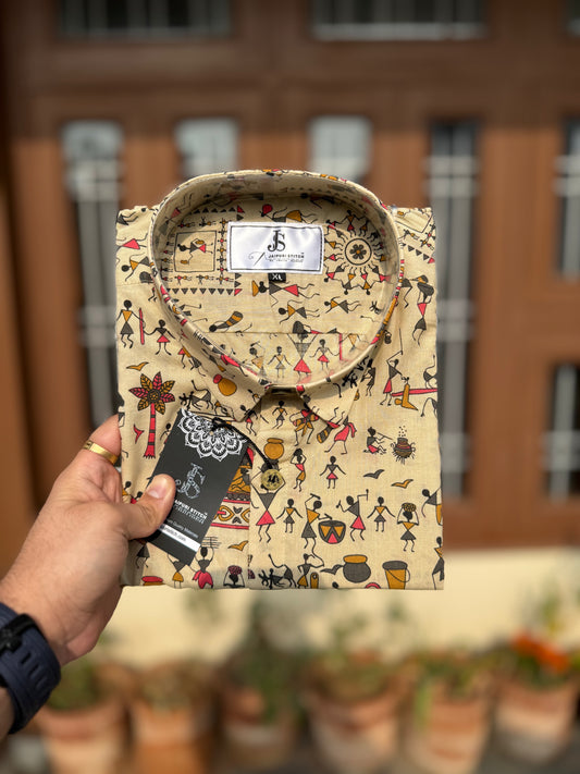 Beige Tribal Folk Art Printed Men’s Half Sleeves Cotton Shirt