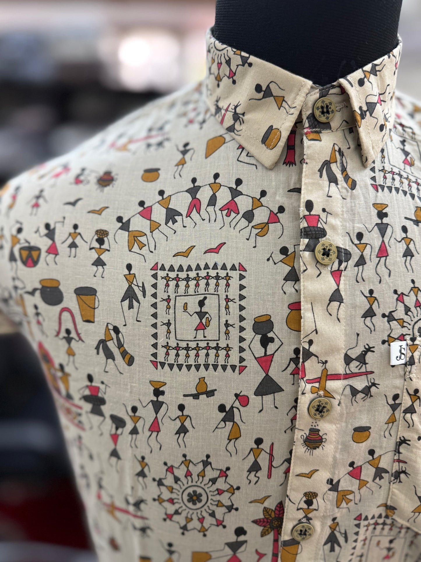 Beige Tribal Folk Art Printed Men’s Half Sleeves Cotton Shirt