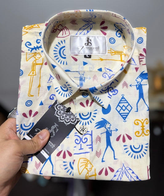 White Funky Tribal Printed Half Sleeves Cotton Shirt for Men