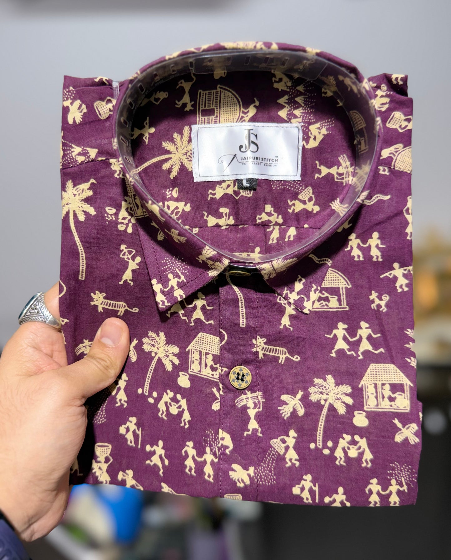 Half Sleeves Maroon Wine Warli Printed Cotton Shirt for Men