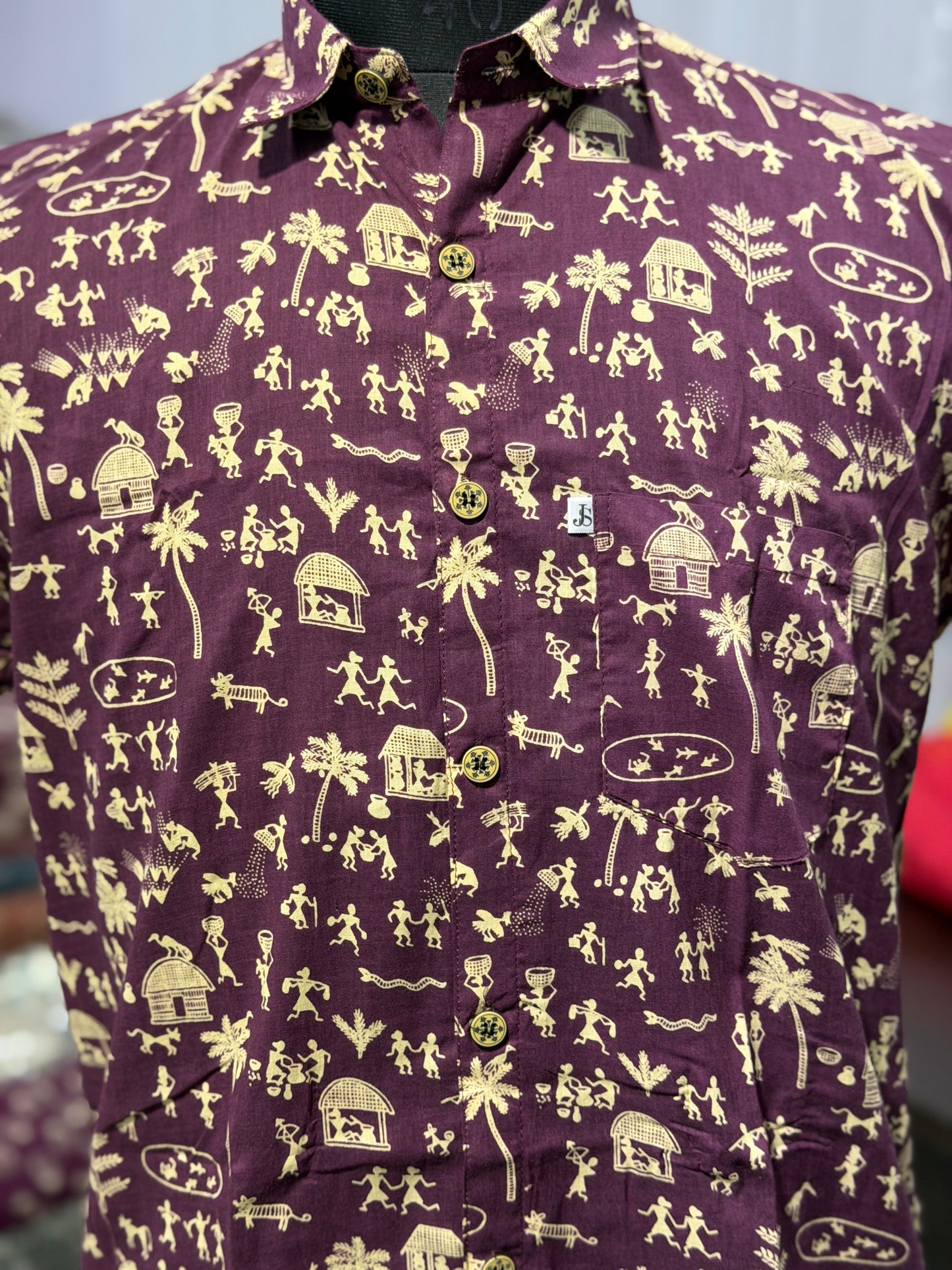 Half Sleeves Maroon Wine Warli Printed Cotton Shirt for Men