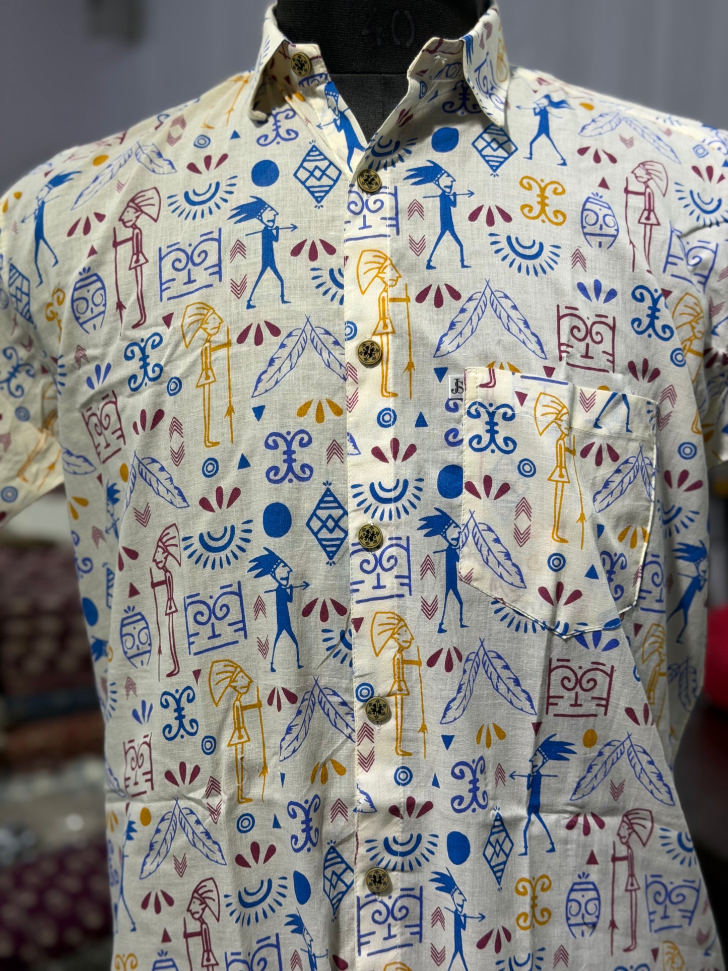 White Funky Tribal Printed Half Sleeves Cotton Shirt for Men