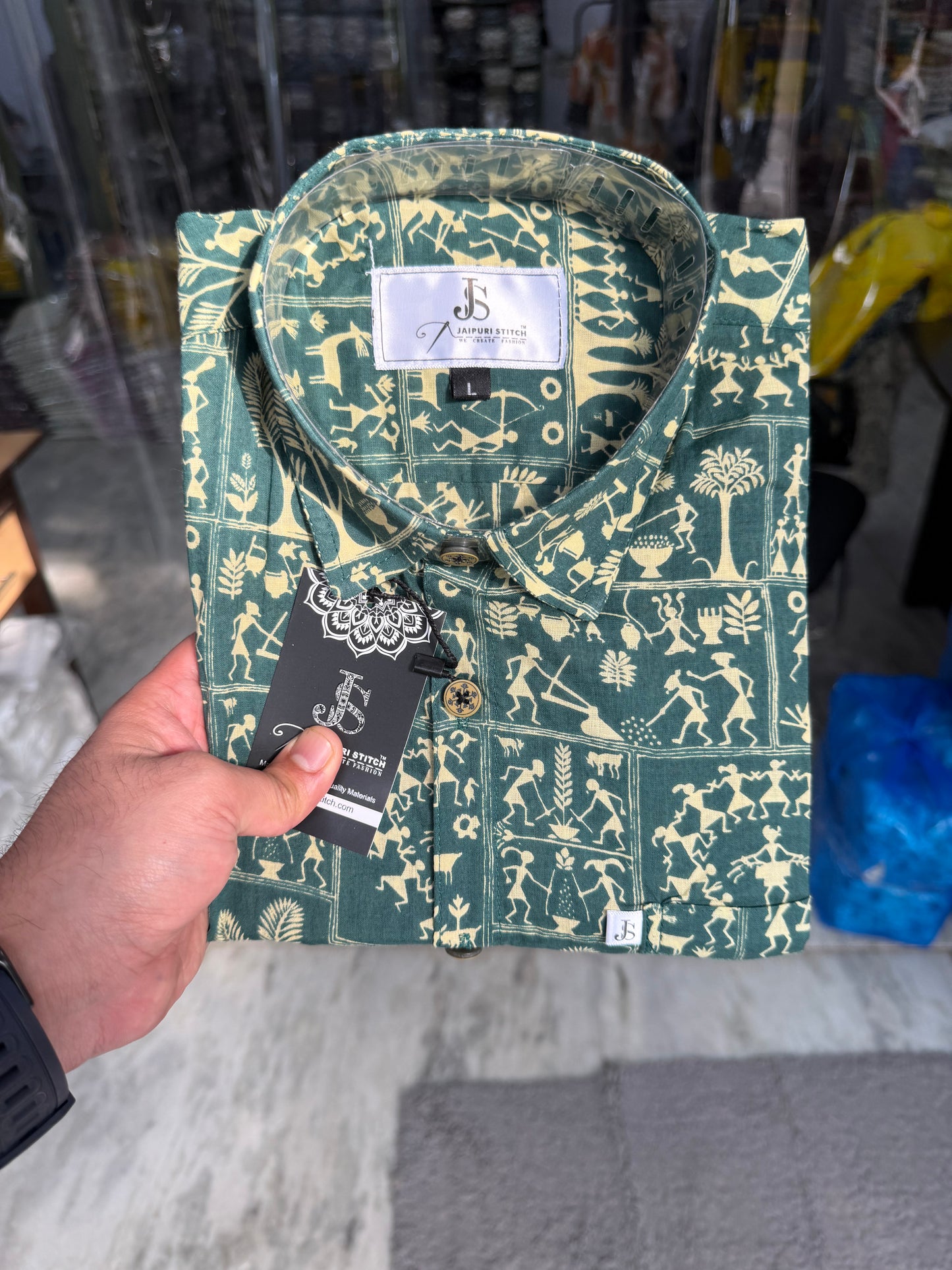 Green Patch Warli Printed Mens Half Sleeves Shirt