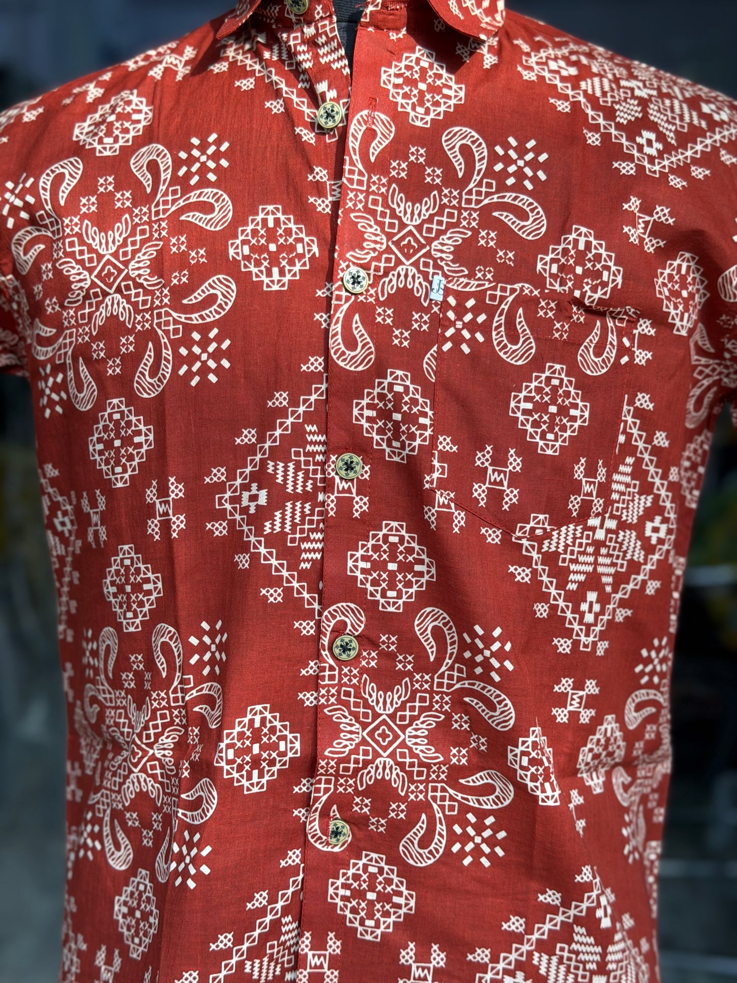 Brick Red Big Bandhej Printed Mens Half Sleeves Shirt