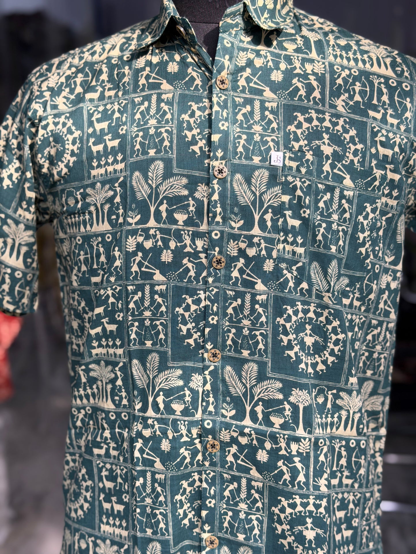 Green Patch Warli Printed Mens Half Sleeves Shirt