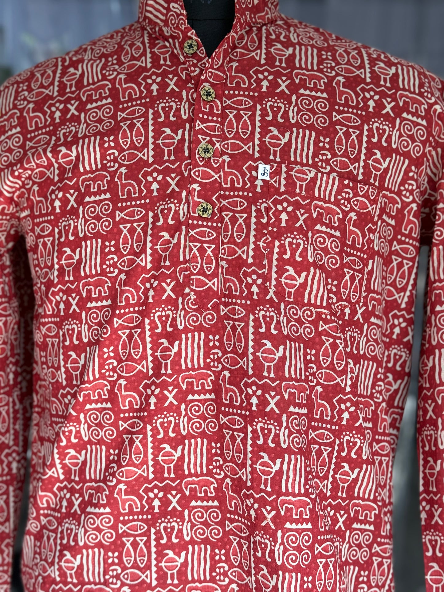 Red Ethnic Tribal Printed Men's Full Sleeves Short Cotton Kurta