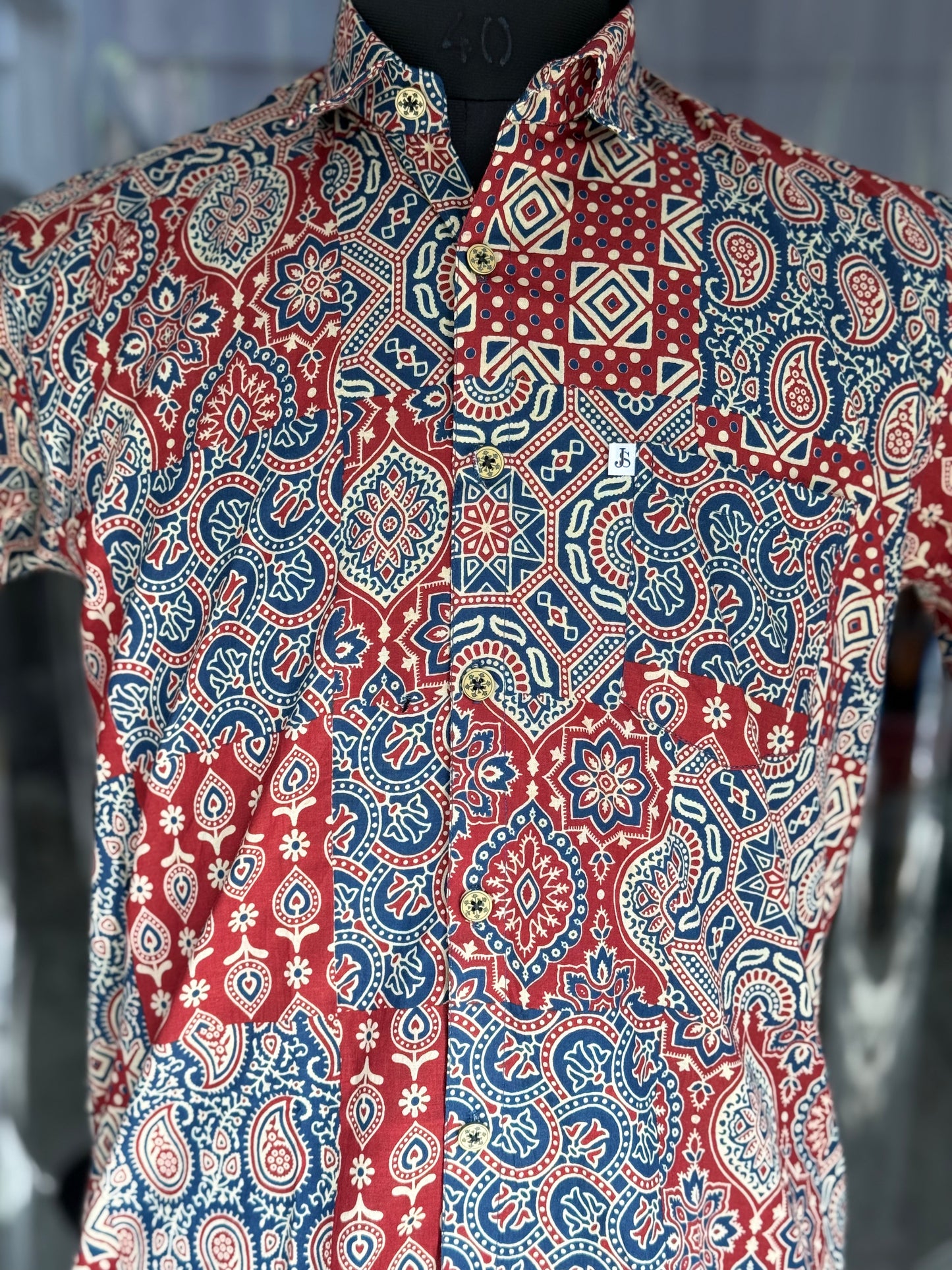Blue Red Patchwork Printed Men's Half Sleeves Cotton Shirt