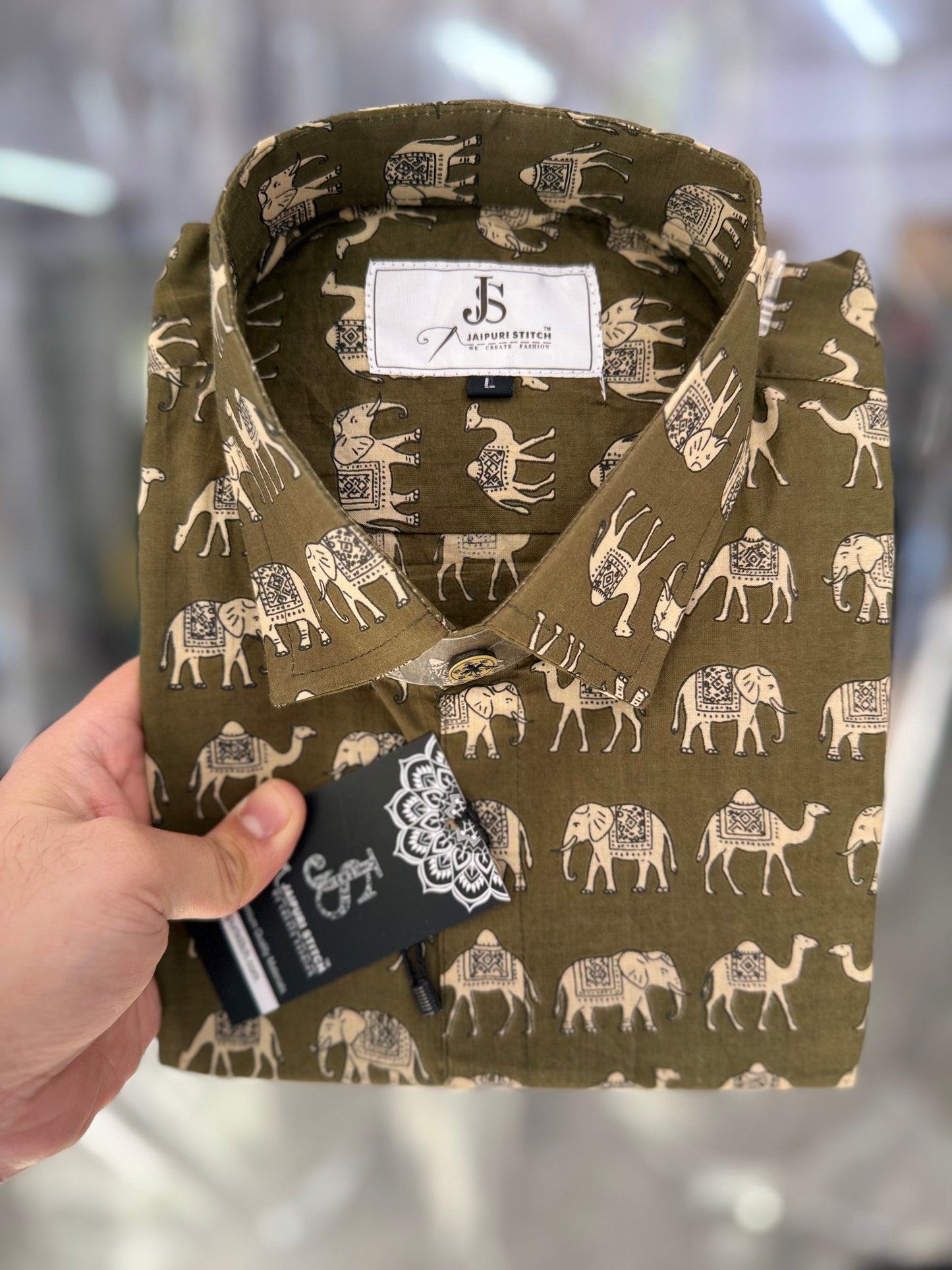 full sleeves Olive Elephant Camel Printed Men'sCotton Shirt