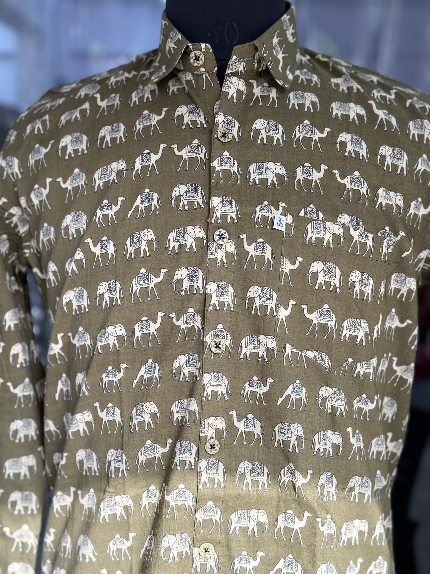 full sleeves Olive Elephant Camel Printed Men'sCotton Shirt