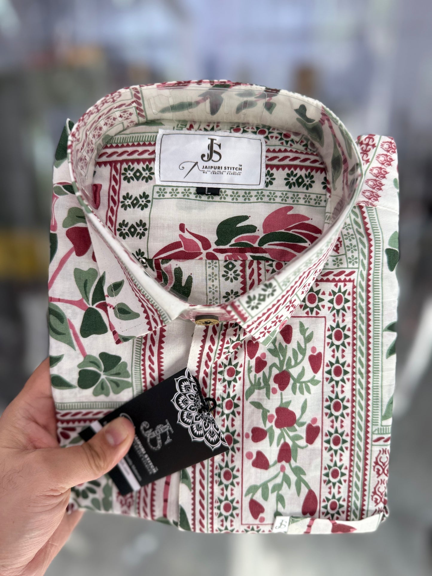 Green White Floral Patchwork Printed Men's Full Sleeves Cotton Shirt