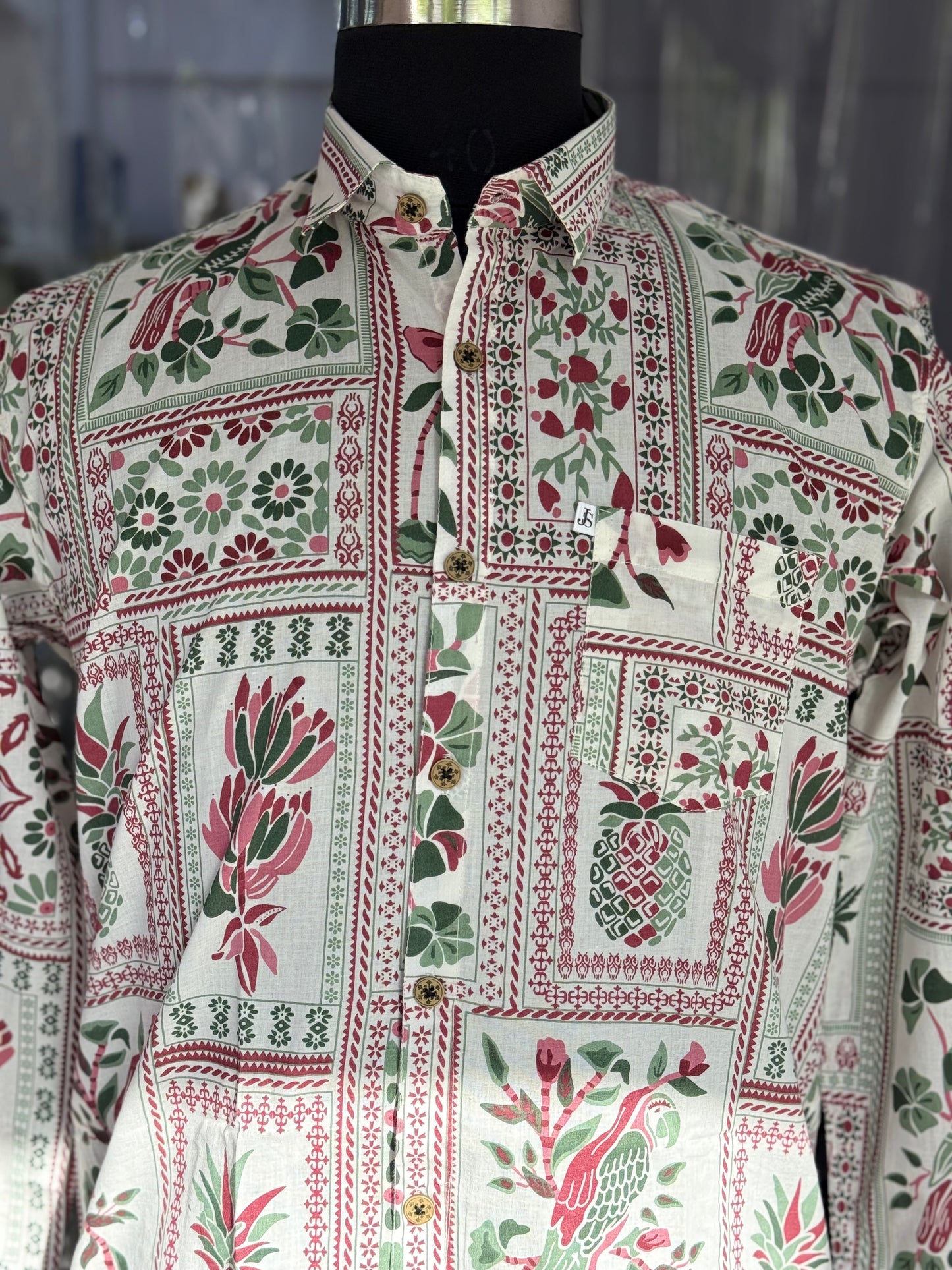 Green White Floral Patchwork Printed Men's Full Sleeves Cotton Shirt