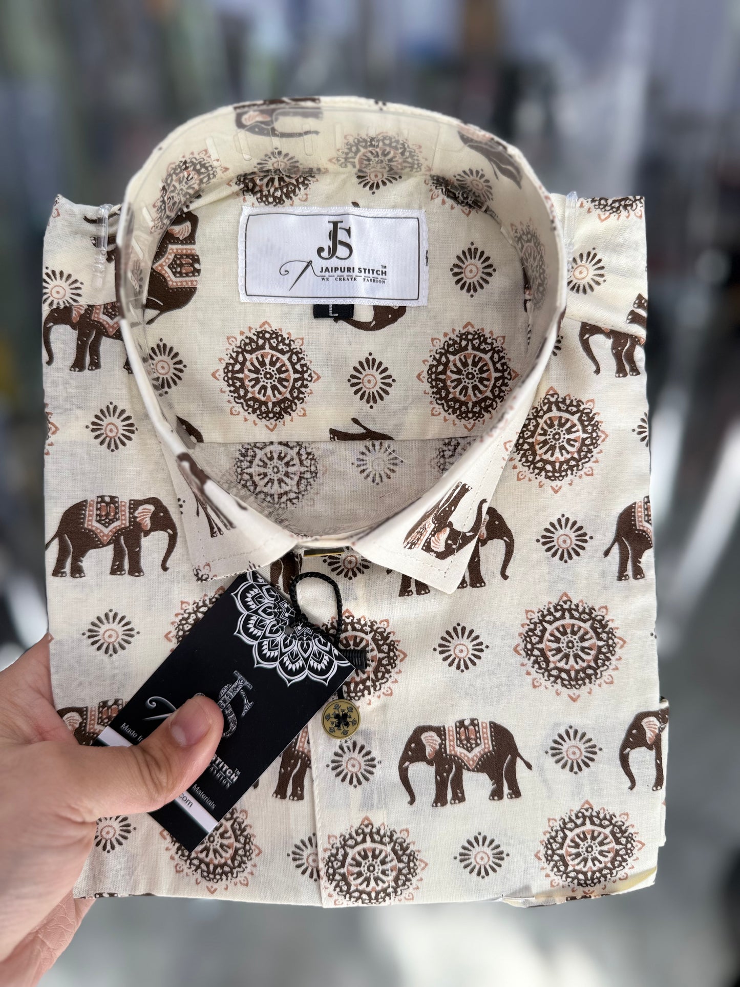 White Brown Elephant Floral Printed Men's Full Sleeves Cotton Shirt
