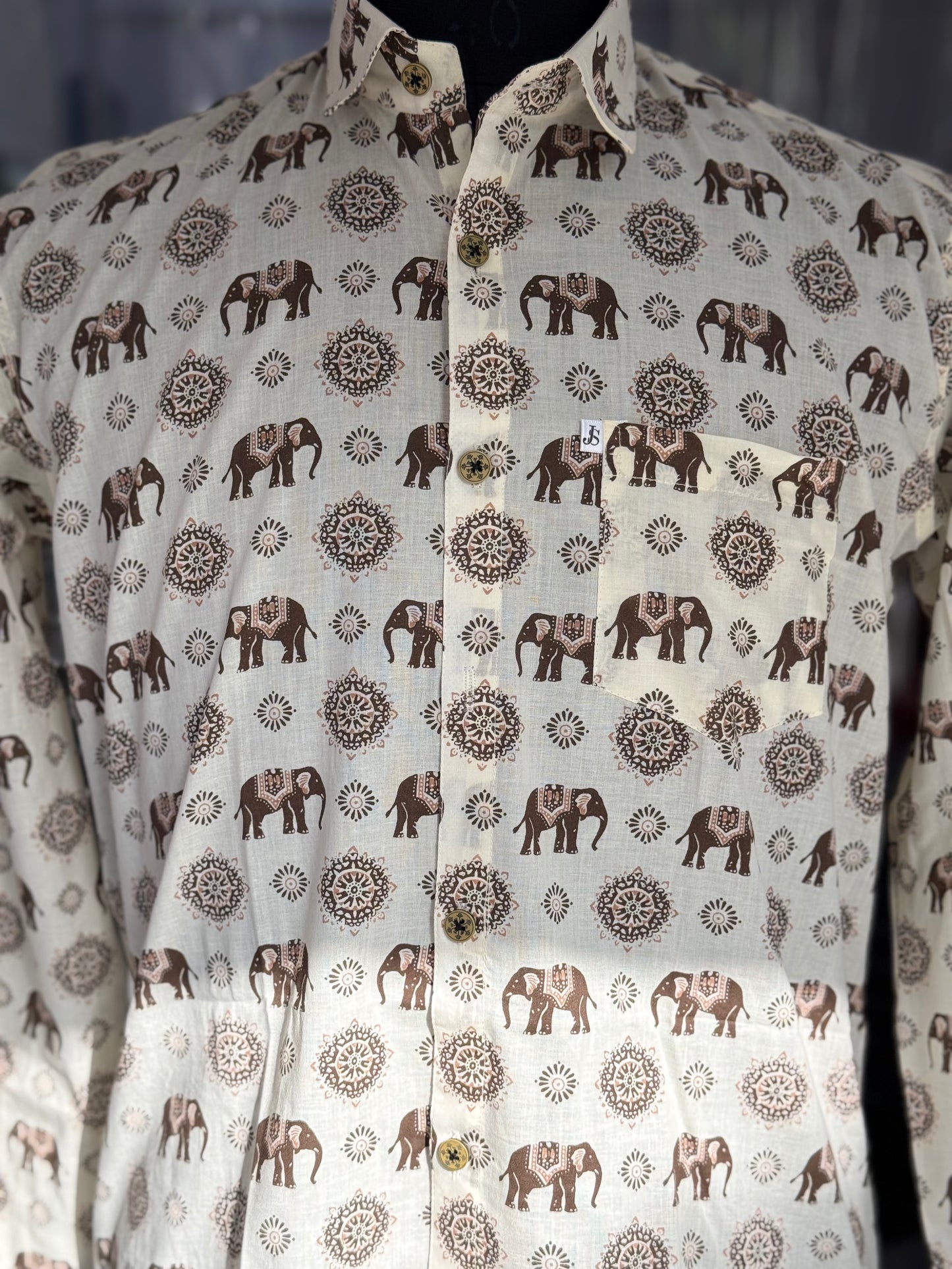 White Brown Elephant Floral Printed Men's Full Sleeves Cotton Shirt