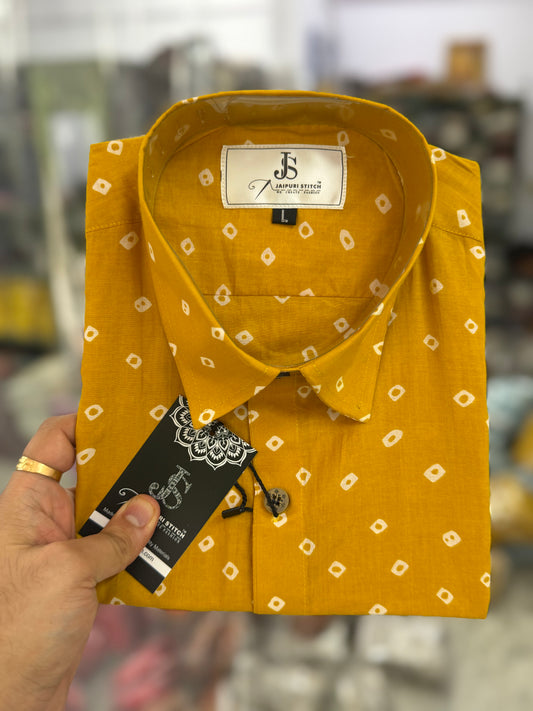 Yellow Bandhej Dot Printed Mens Half Sleeves Shirt