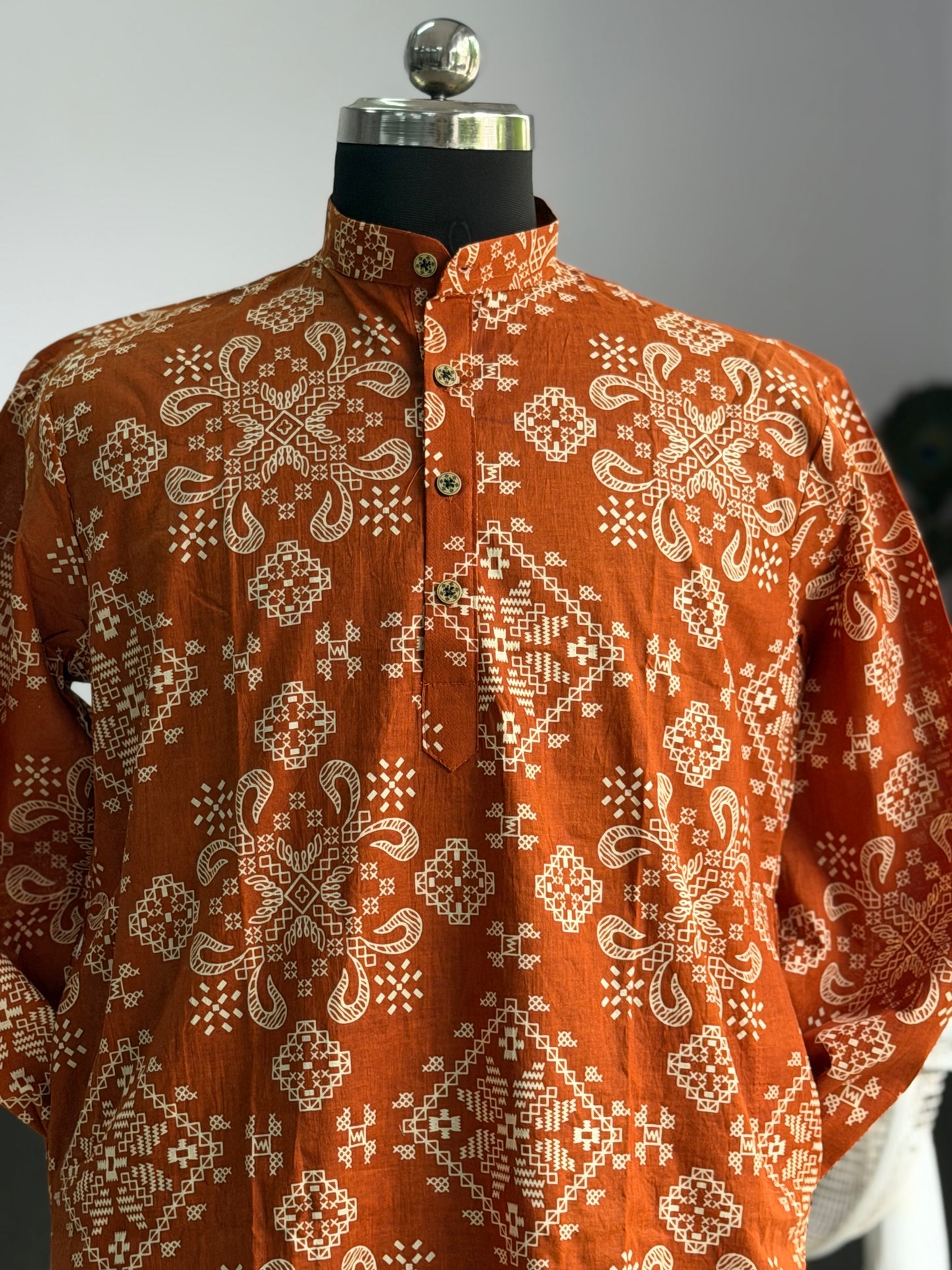 Rust Orange Geometric Printed Men's Full Sleeves Cotton Long Kurta